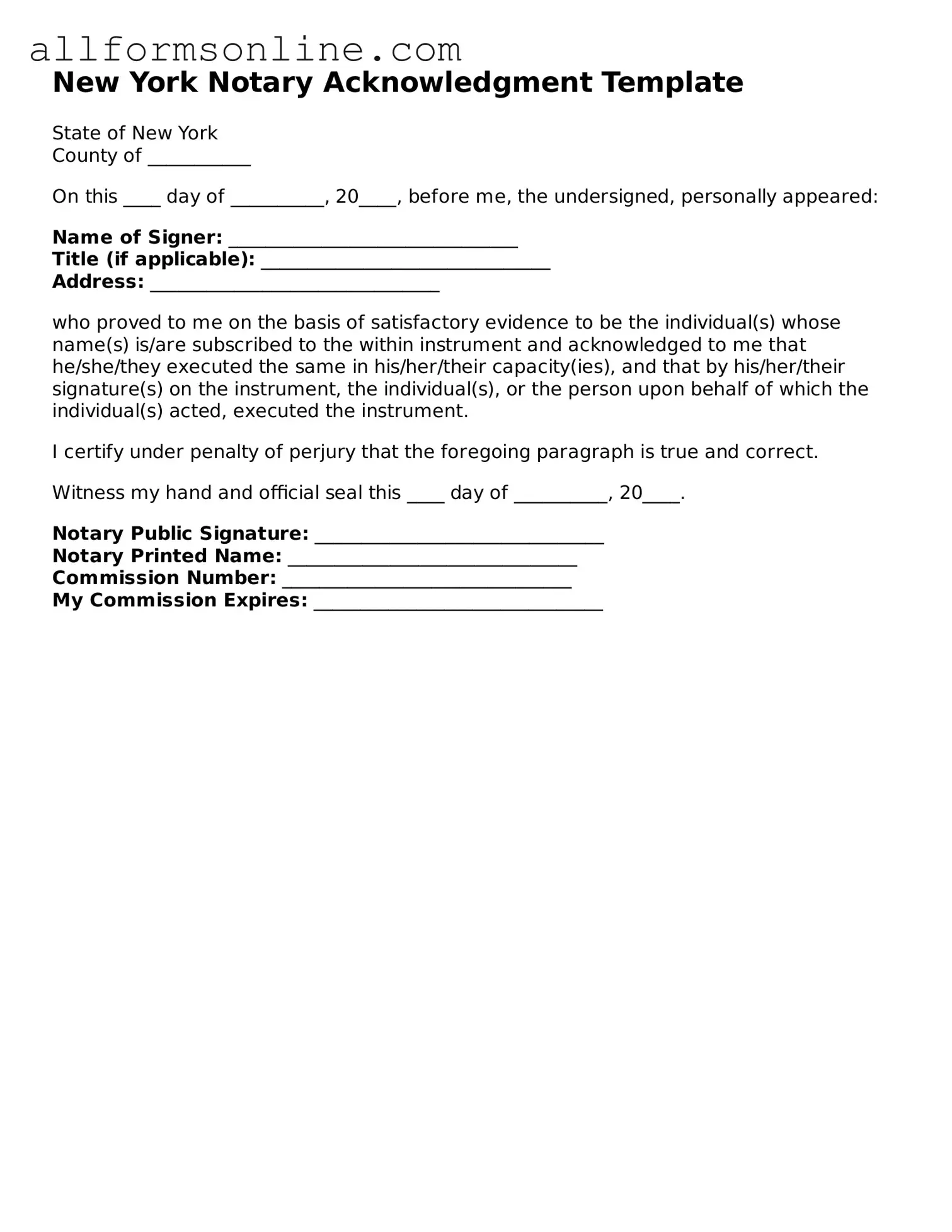 Attorney-Approved  Notary Acknowledgement Form for New York