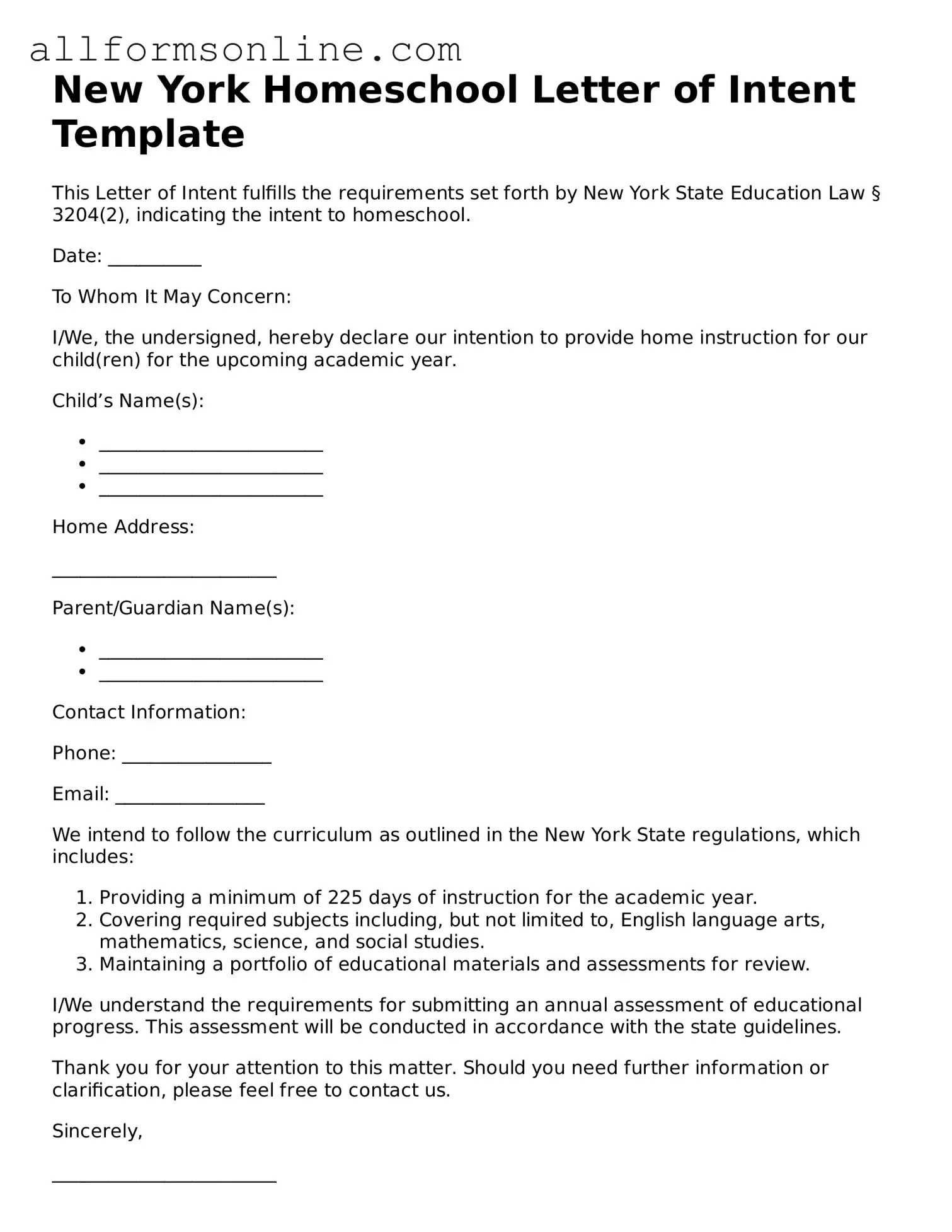 Attorney-Approved  Homeschool Letter of Intent Form for New York
