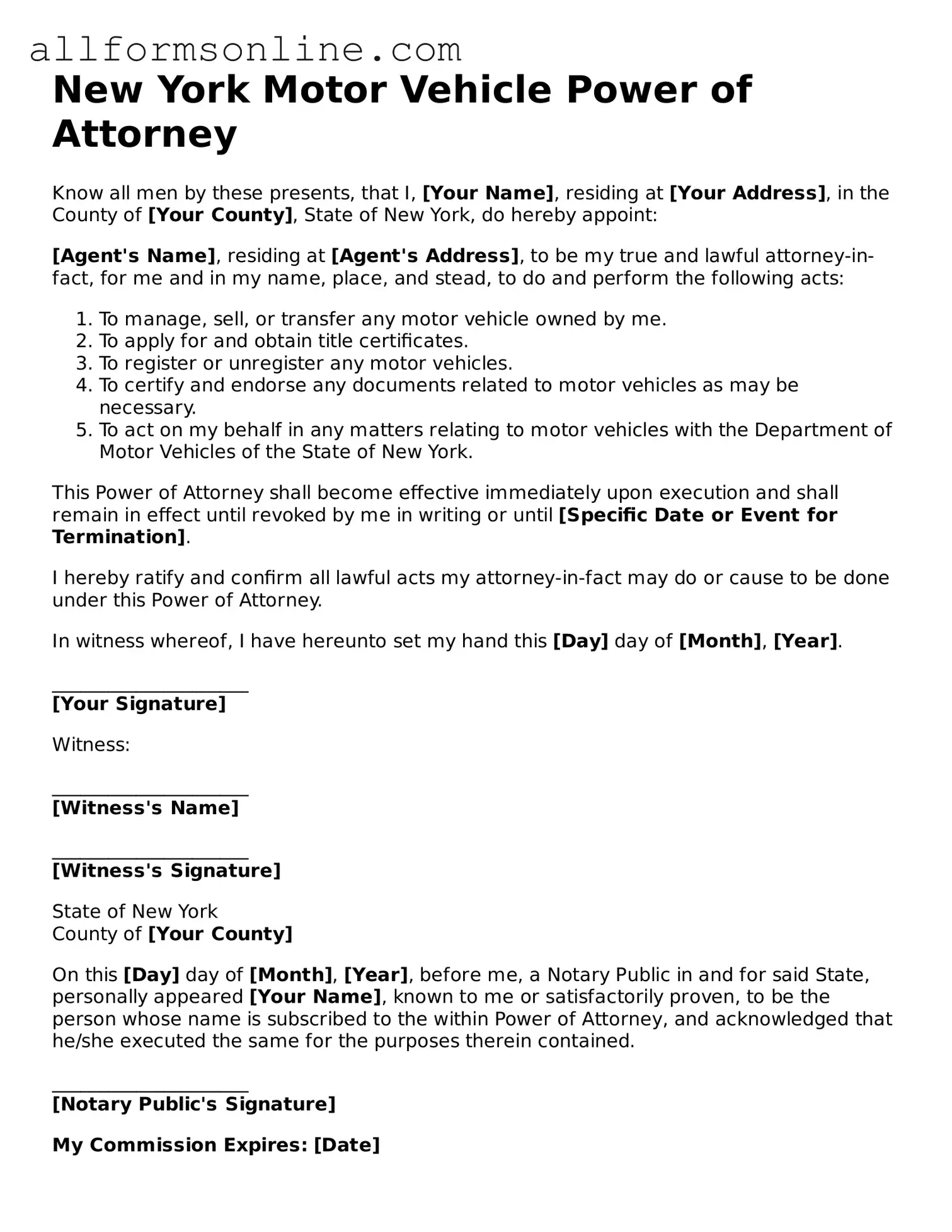 Attorney-Approved  Motor Vehicle Power of Attorney Form for New York