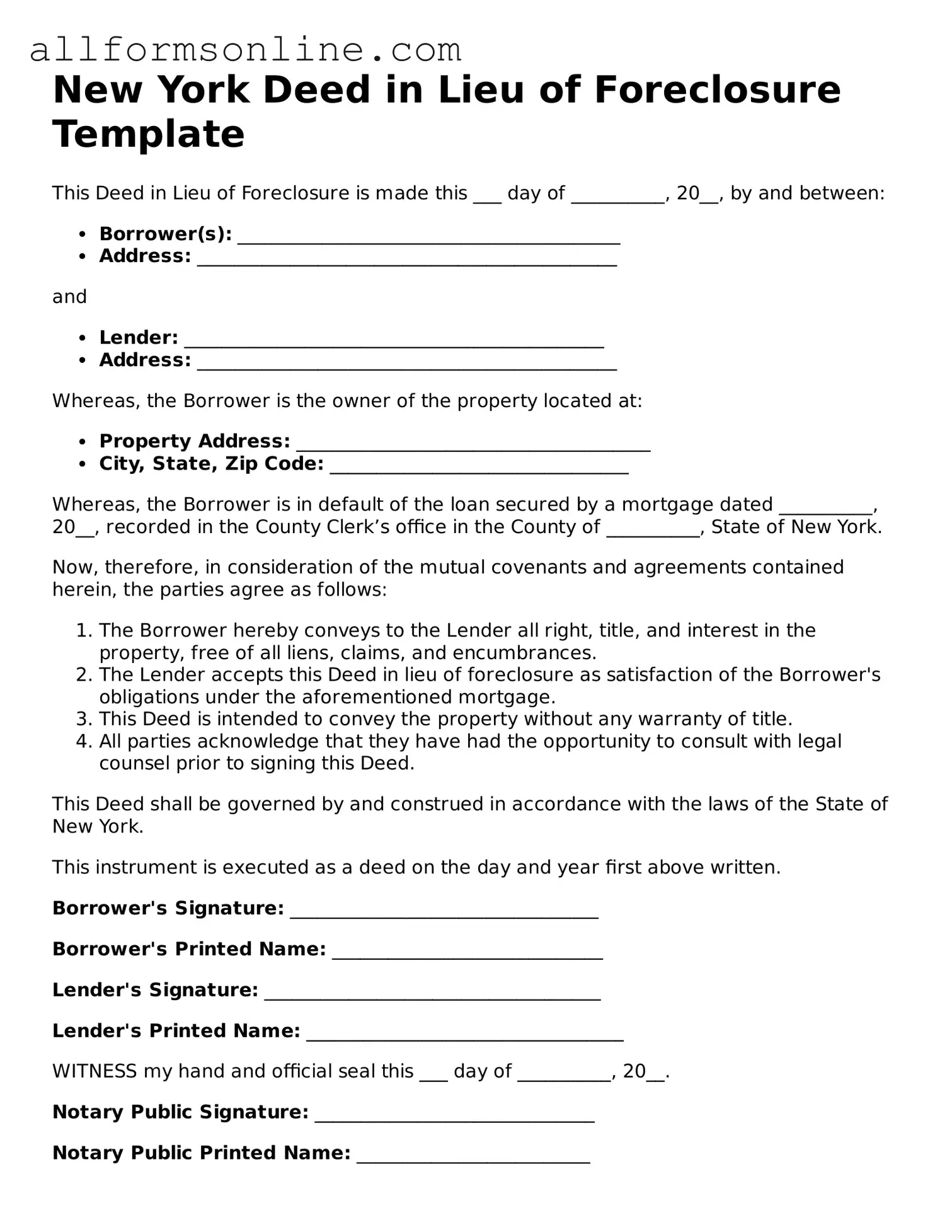 Attorney-Approved  Deed in Lieu of Foreclosure Form for New York