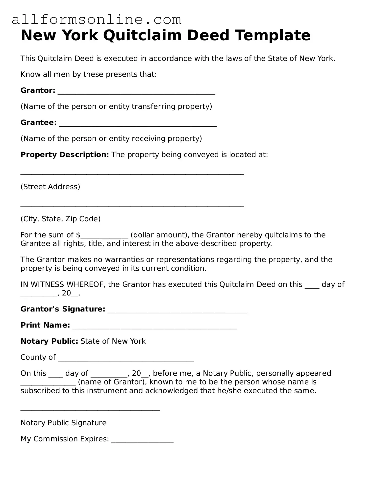 Attorney-Approved  Quitclaim Deed Form for New York