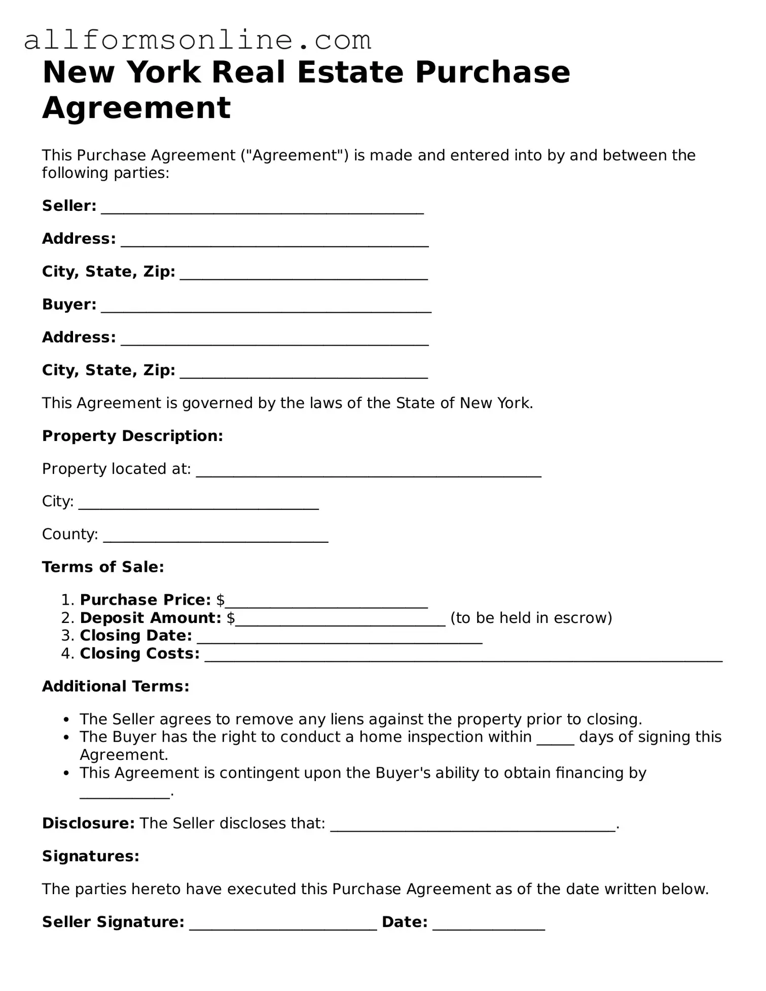 Attorney-Approved  Real Estate Purchase Agreement Form for New York
