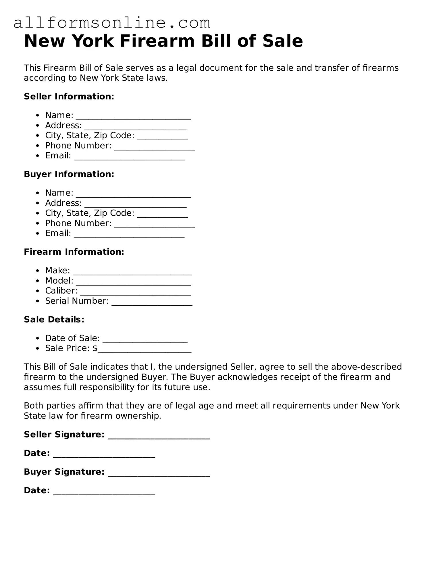 Attorney-Approved  Firearm Bill of Sale Form for New York