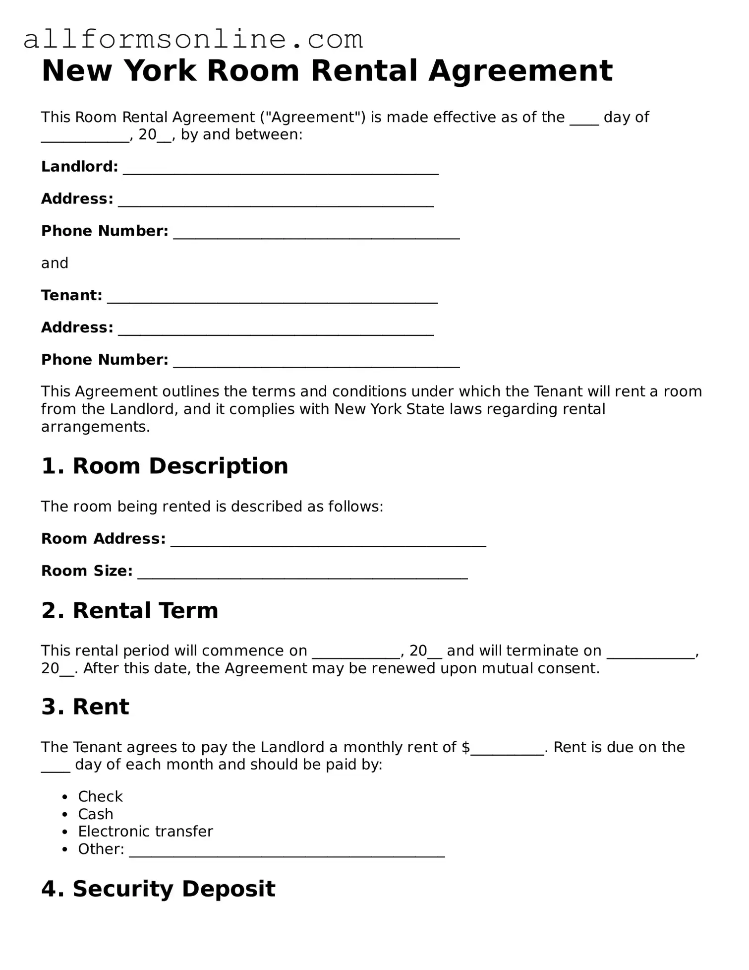 Attorney-Approved  Room Rental Agreement Form for New York