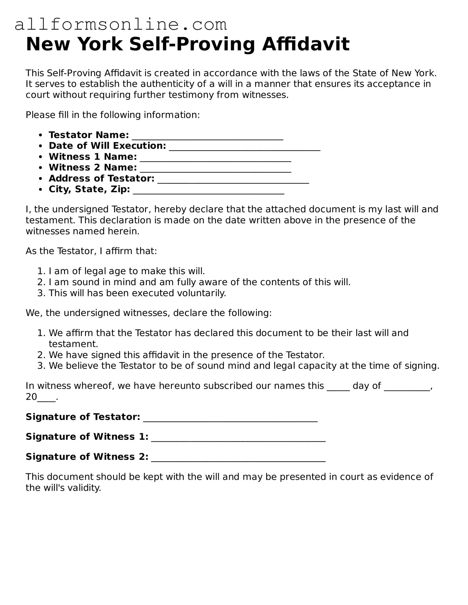 Attorney-Approved  Self-Proving Affidavit Form for New York