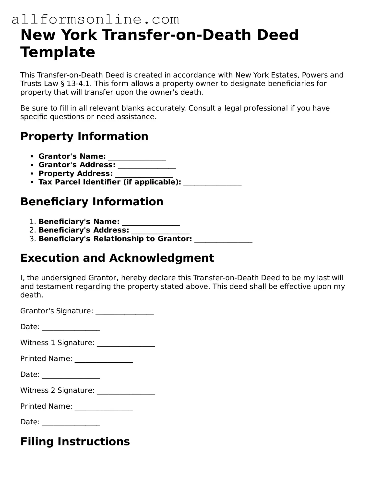 Attorney-Approved  Transfer-on-Death Deed Form for New York