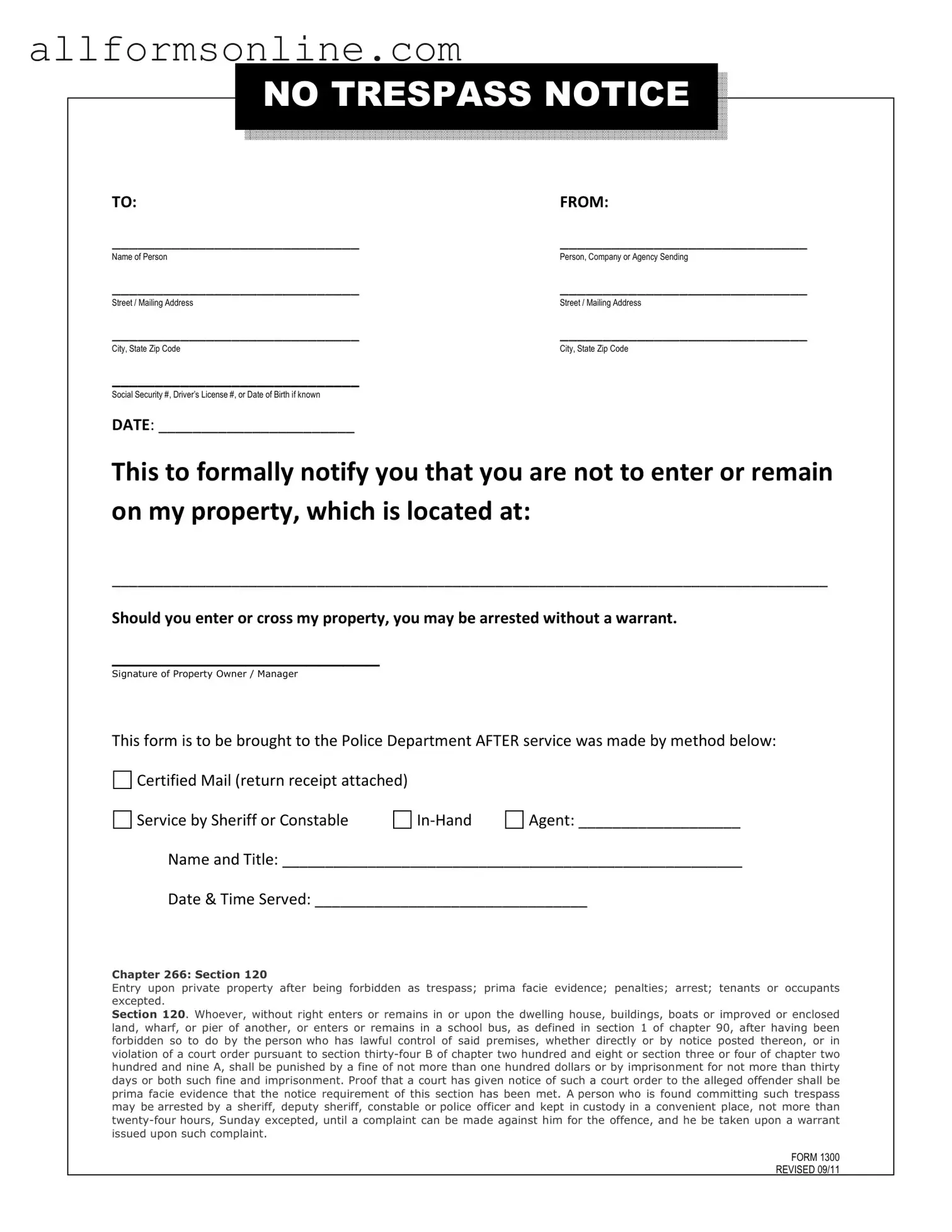 Free No Trespassing Letter PDF Form