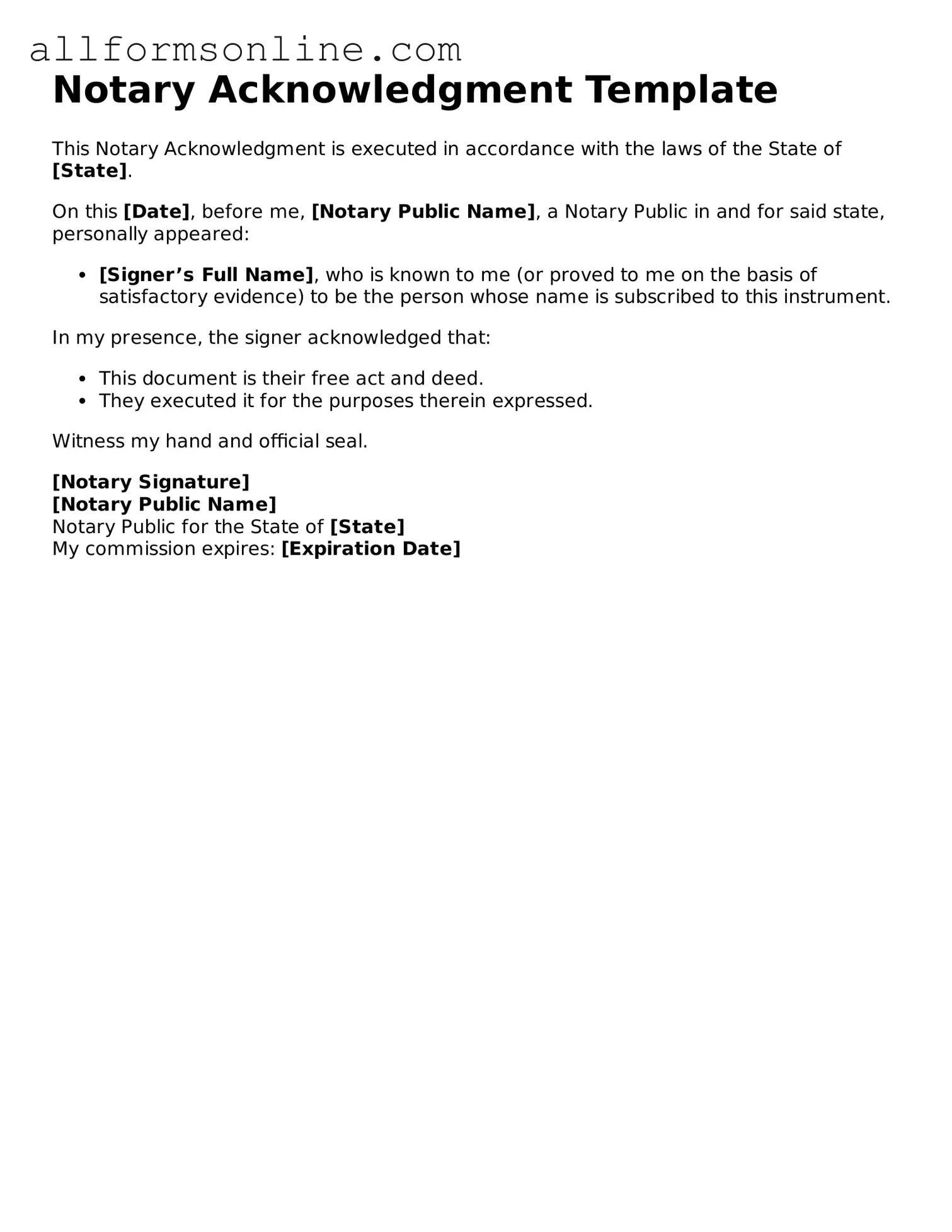 Blank Notary Acknowledgement Form