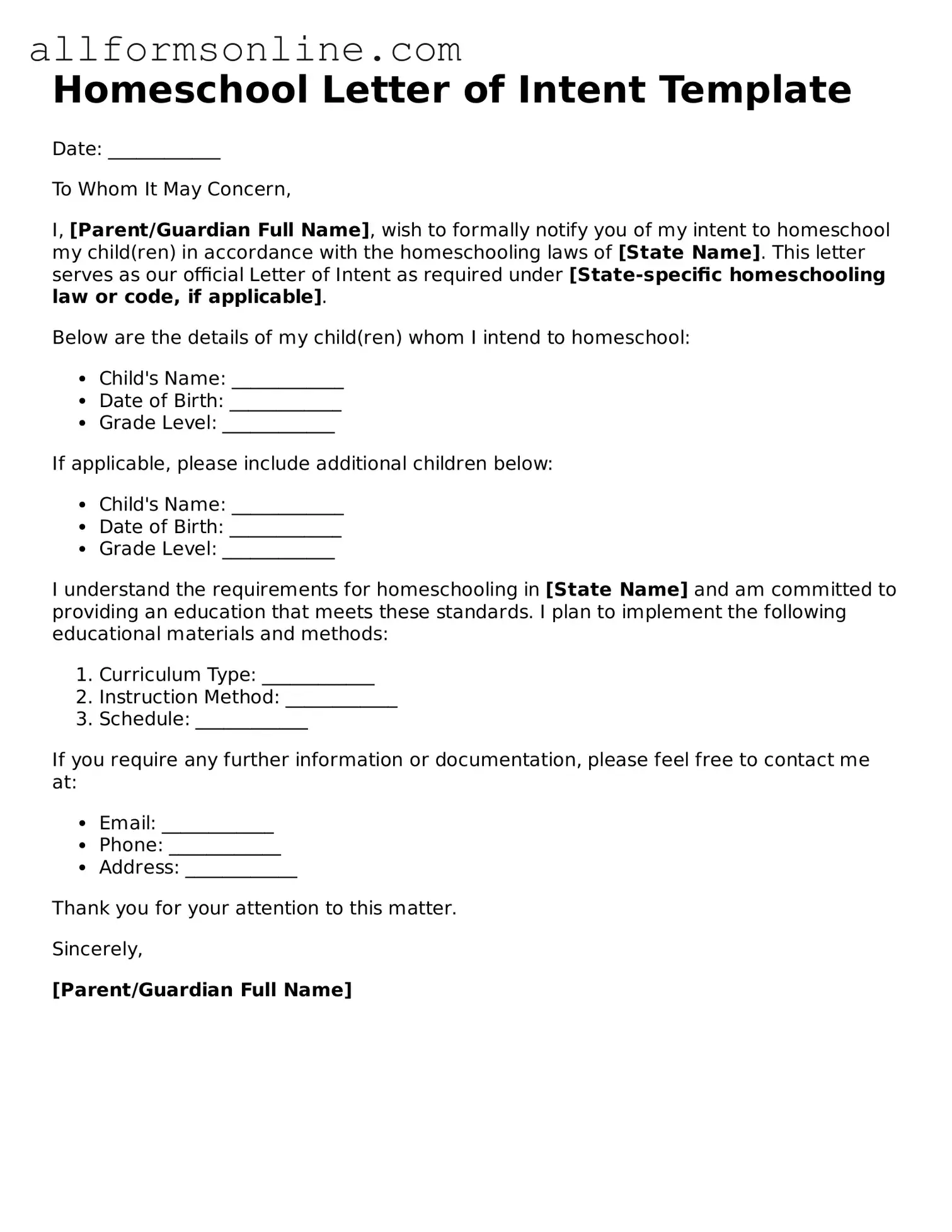Blank Homeschool Letter of Intent Form