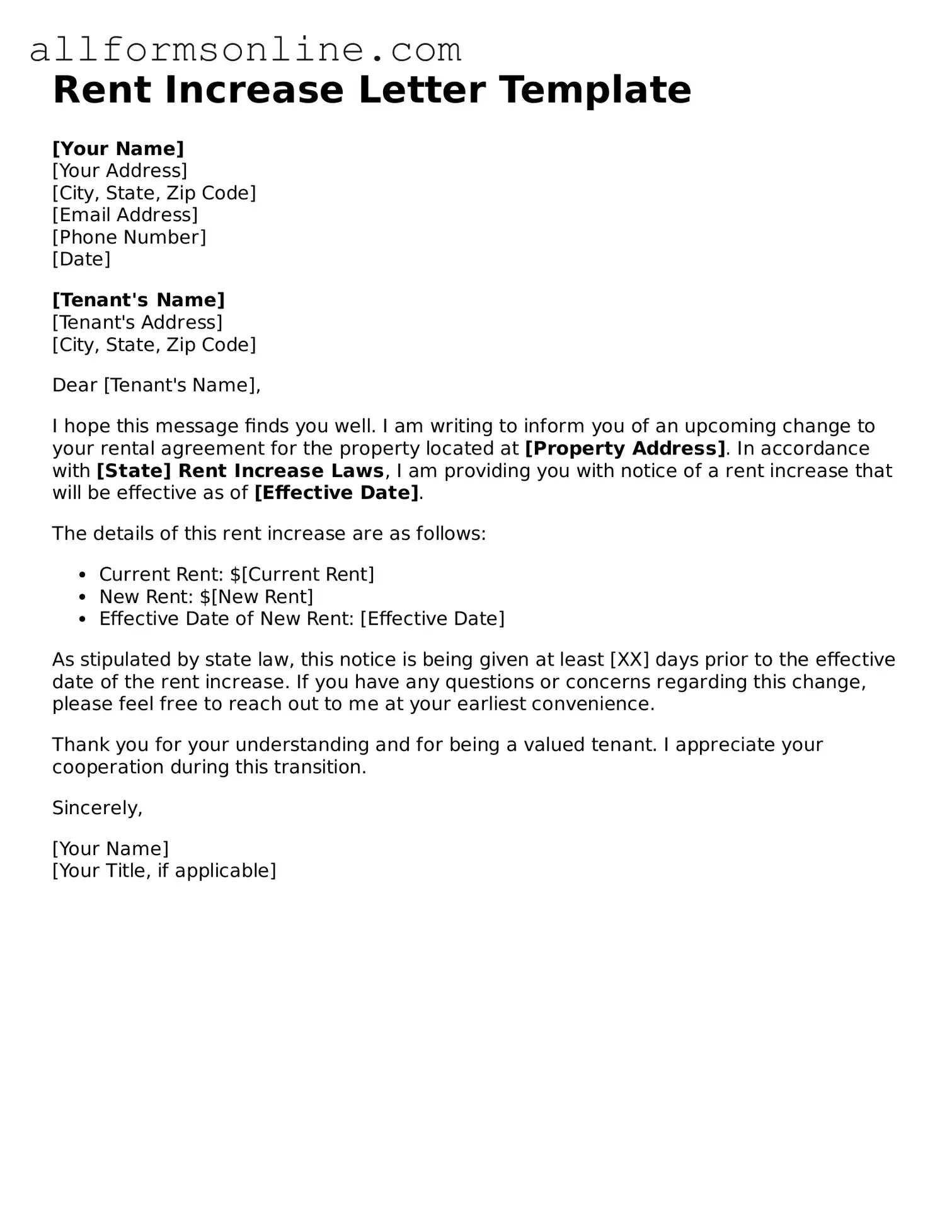 Blank Rent Increase Letter Form
