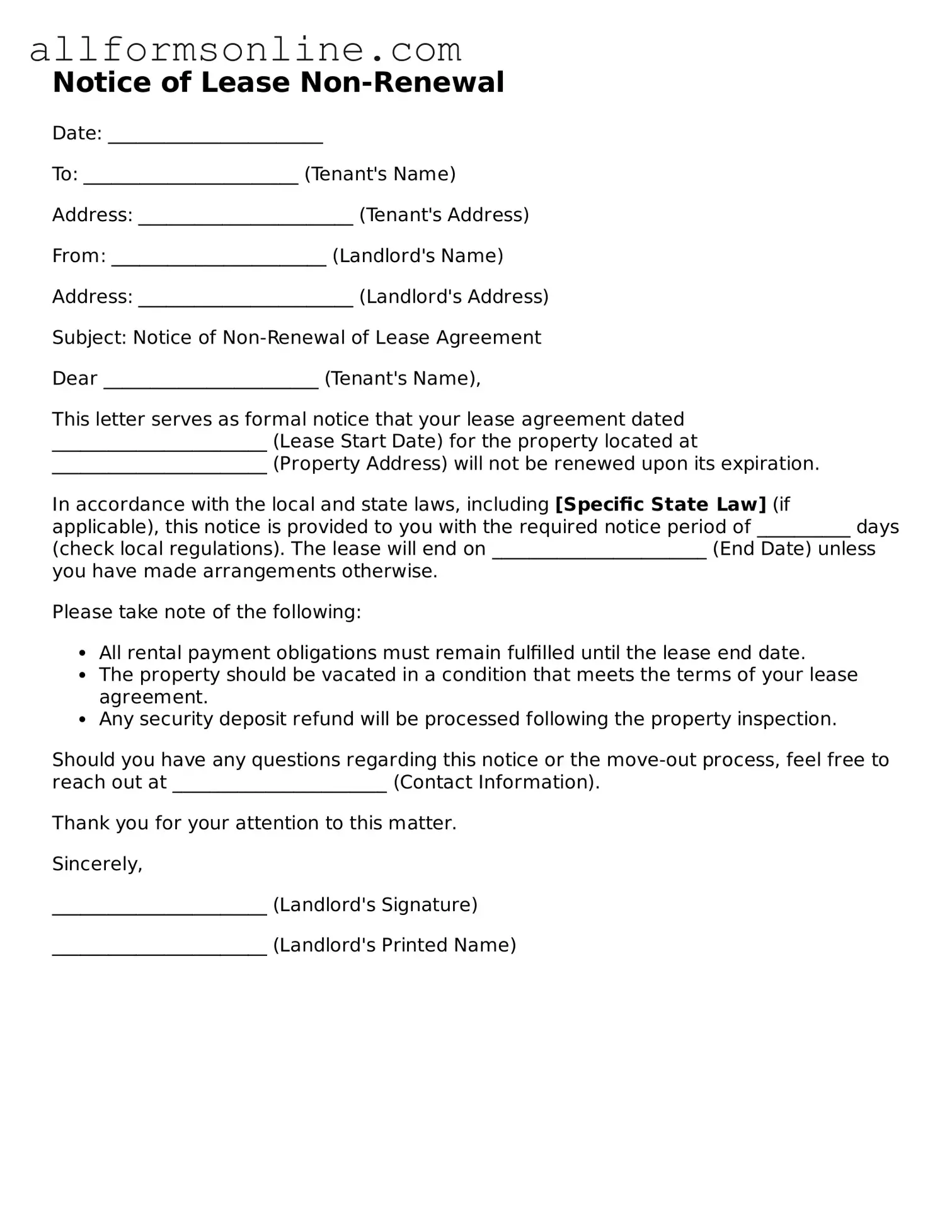 Blank Notice of Lease Non-Renewal Form