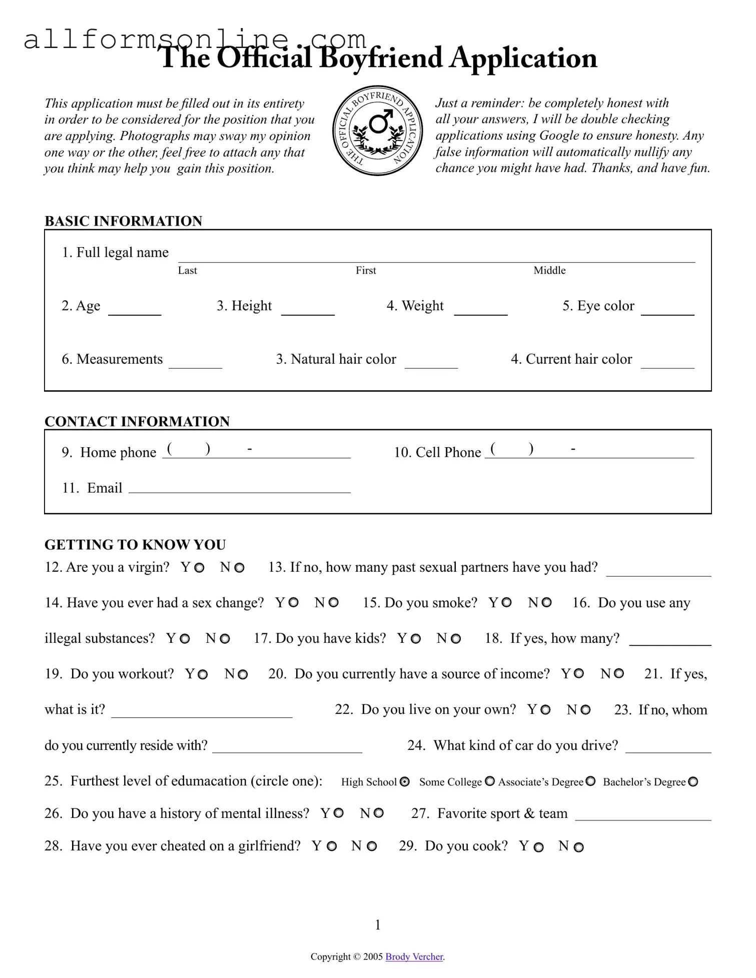 Free Boyfriend application form PDF Form