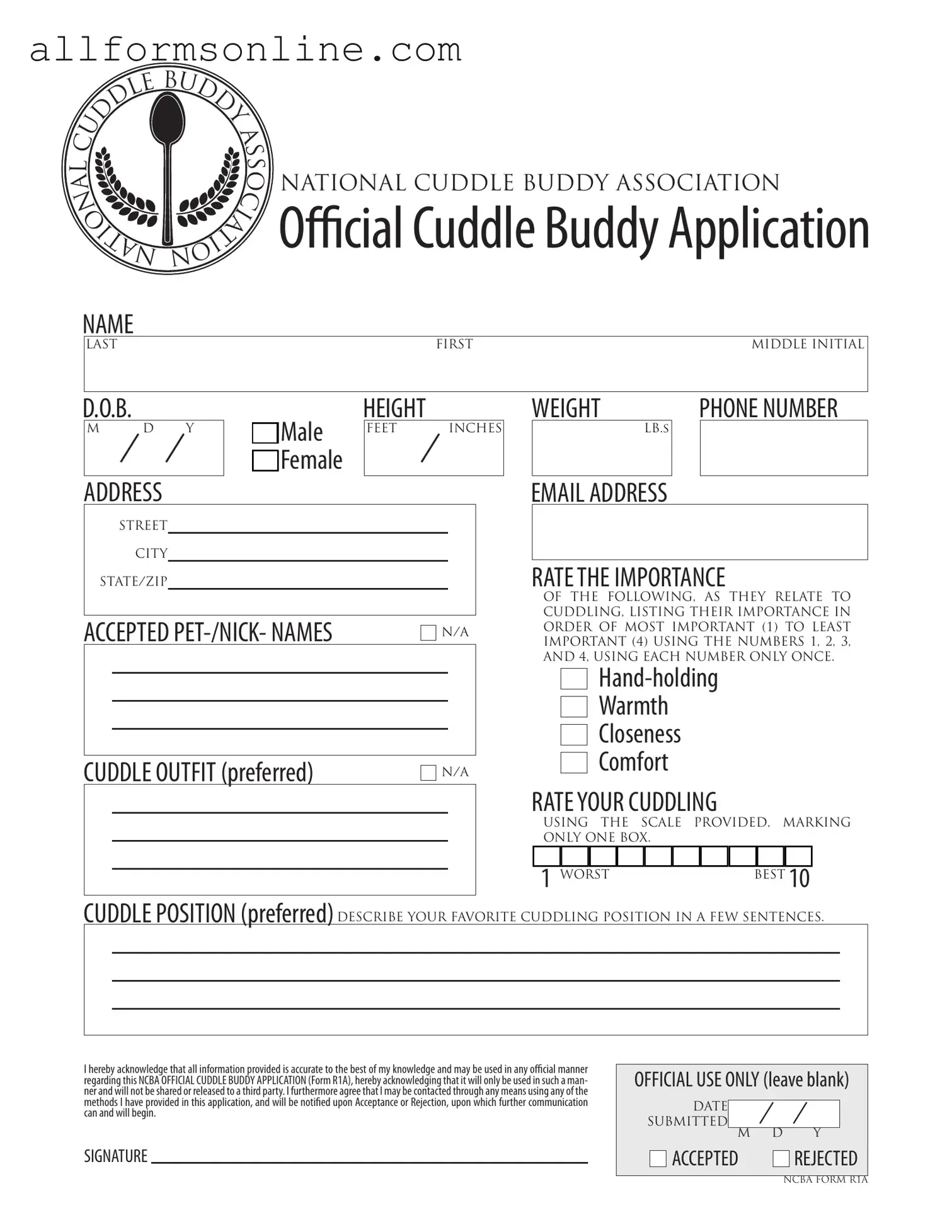 Free Cuddle Buddy Application PDF Form