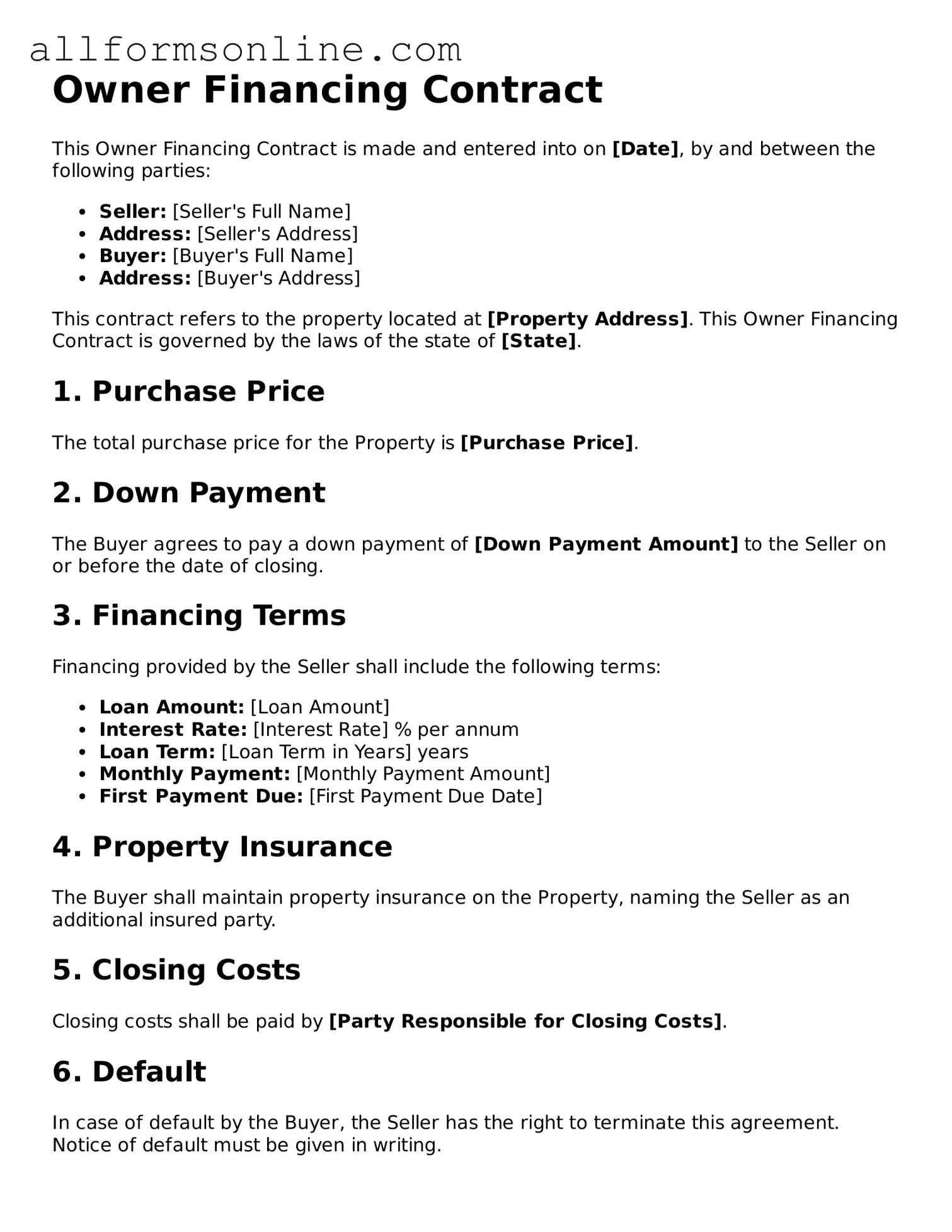 Blank Owner Financing Contract Form