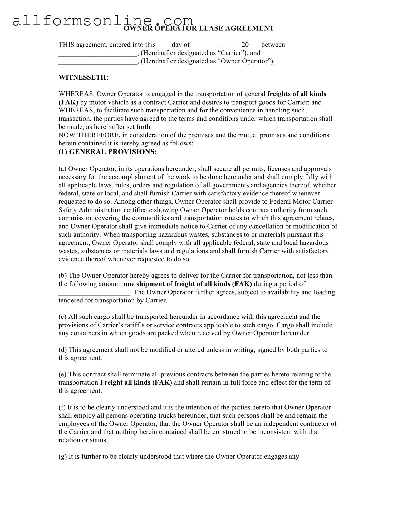 Free Owner Operator Lease Agreement PDF Form