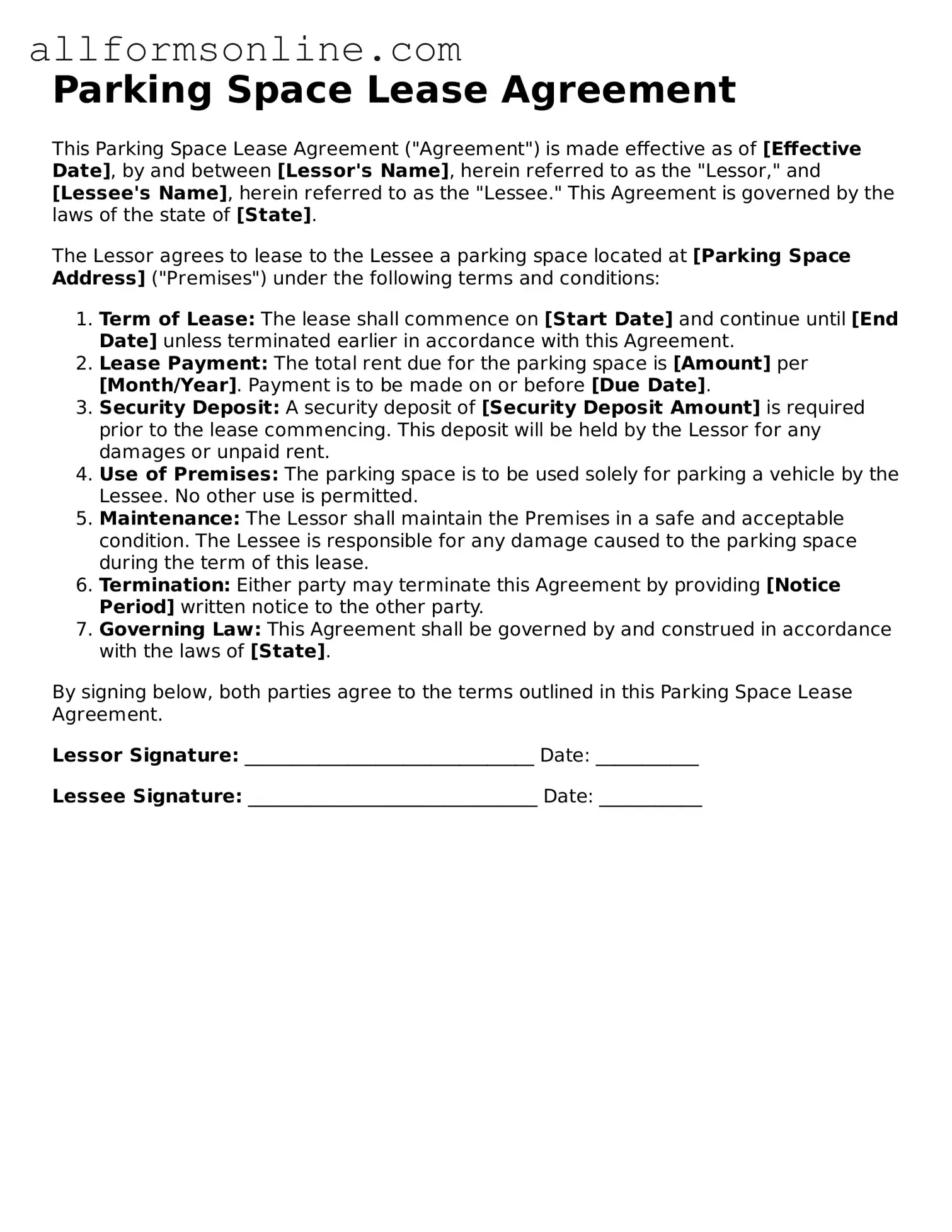 Blank Parking Space Lease Agreement Form