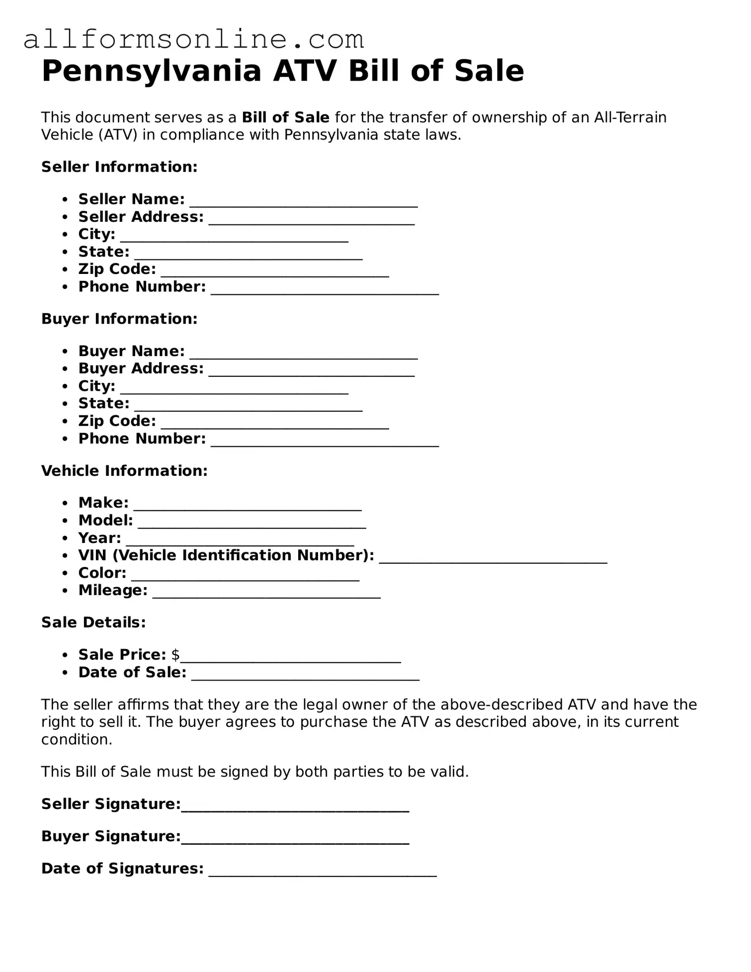 Attorney-Approved  ATV Bill of Sale Form for Pennsylvania