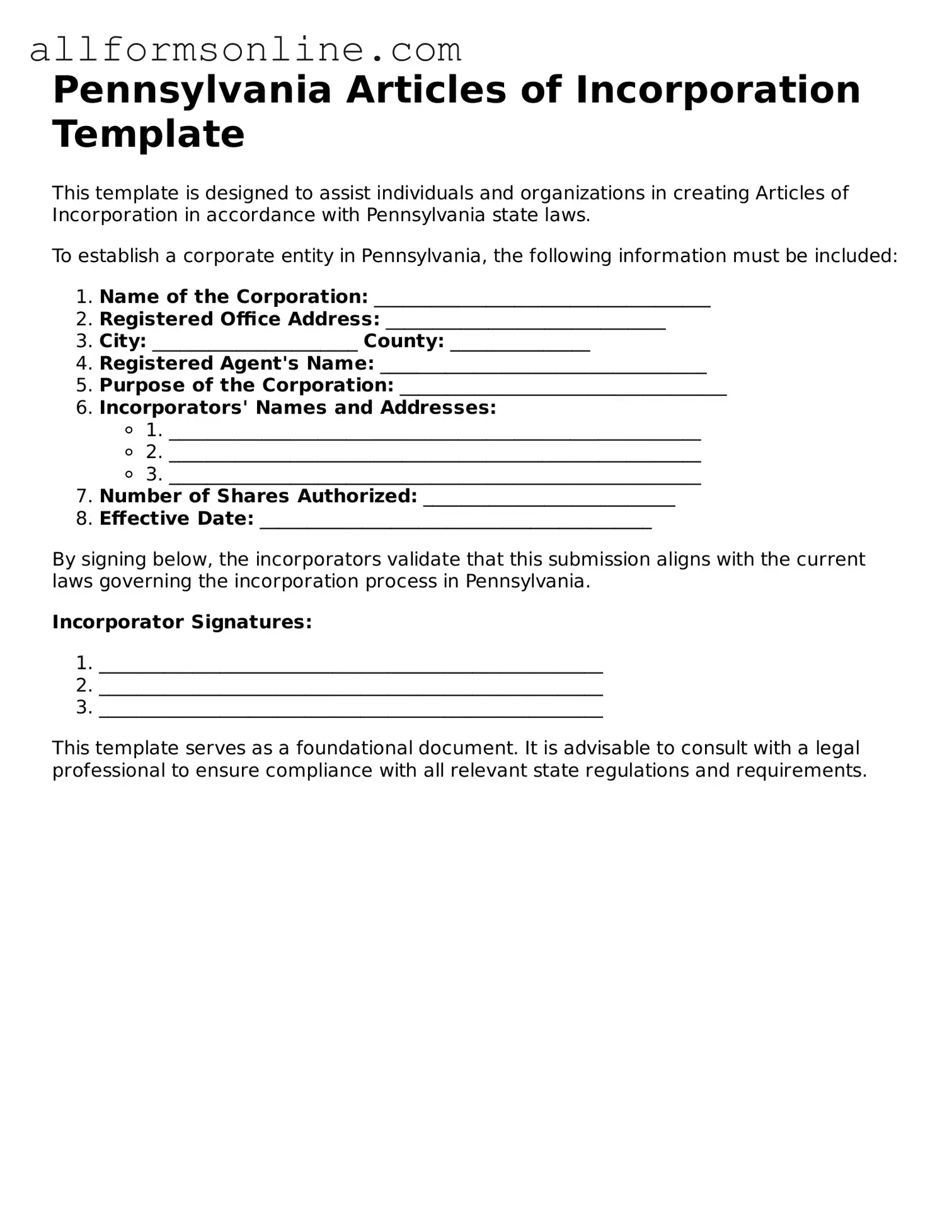 Attorney-Approved  Articles of Incorporation Form for Pennsylvania