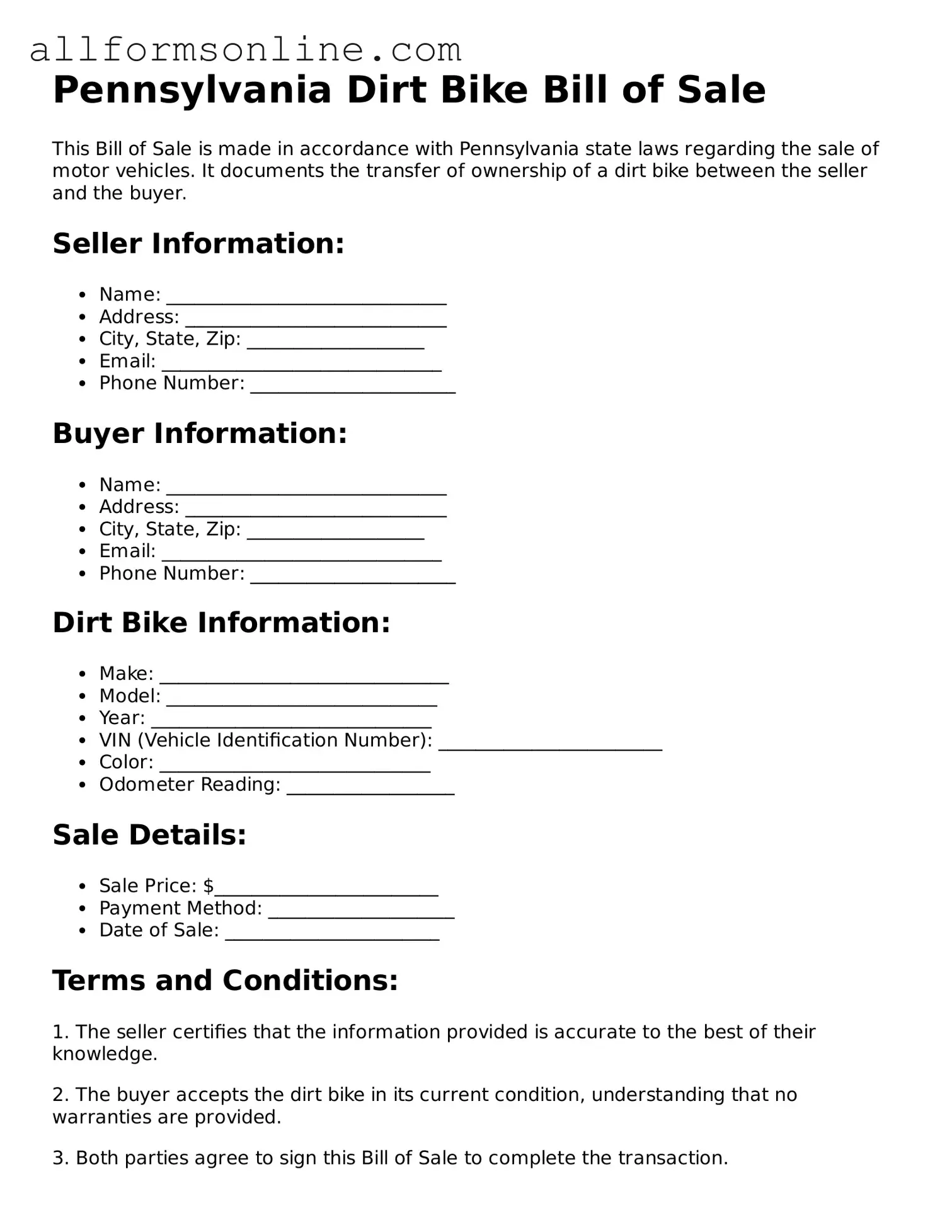 Attorney-Approved  Dirt Bike Bill of Sale Form for Pennsylvania