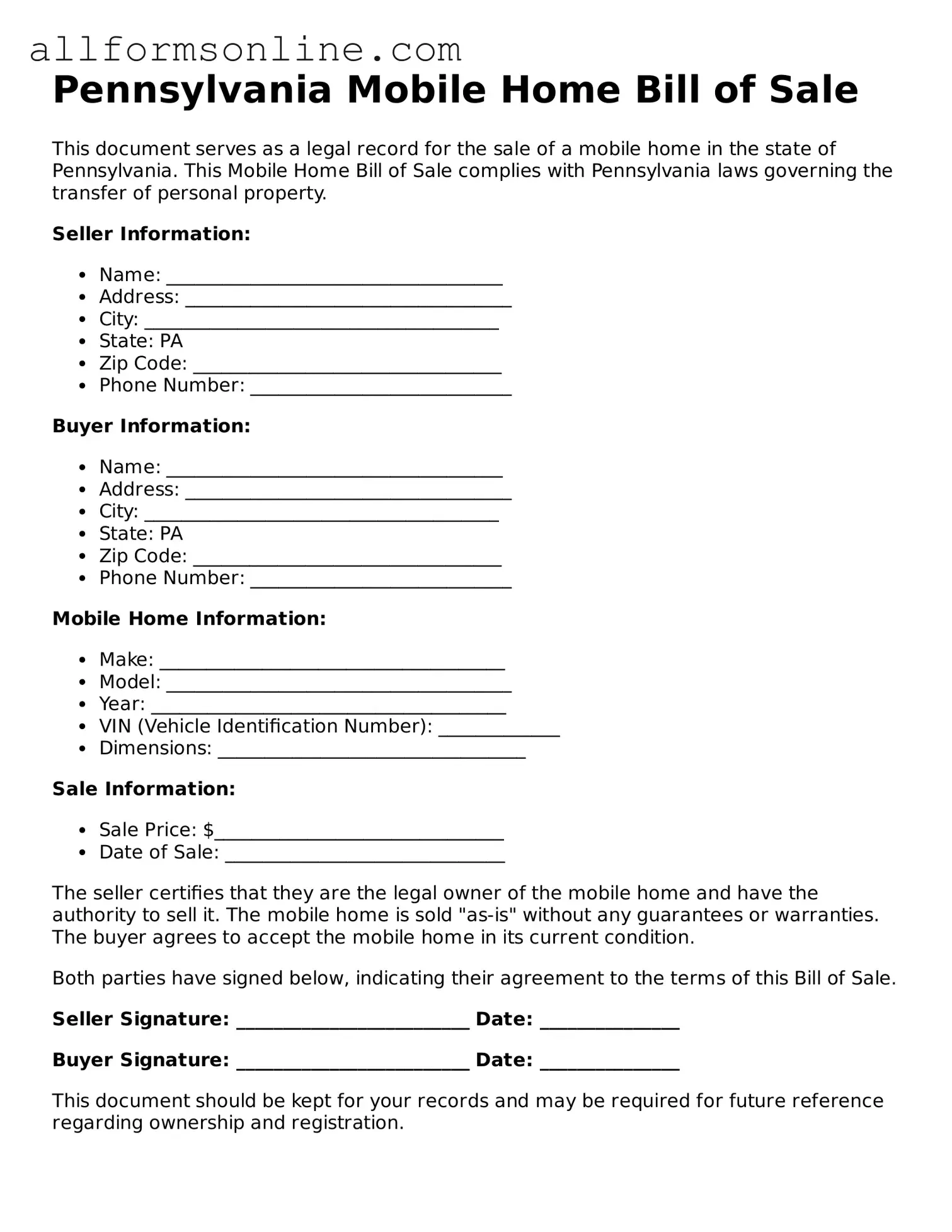 Attorney-Approved  Mobile Home Bill of Sale Form for Pennsylvania