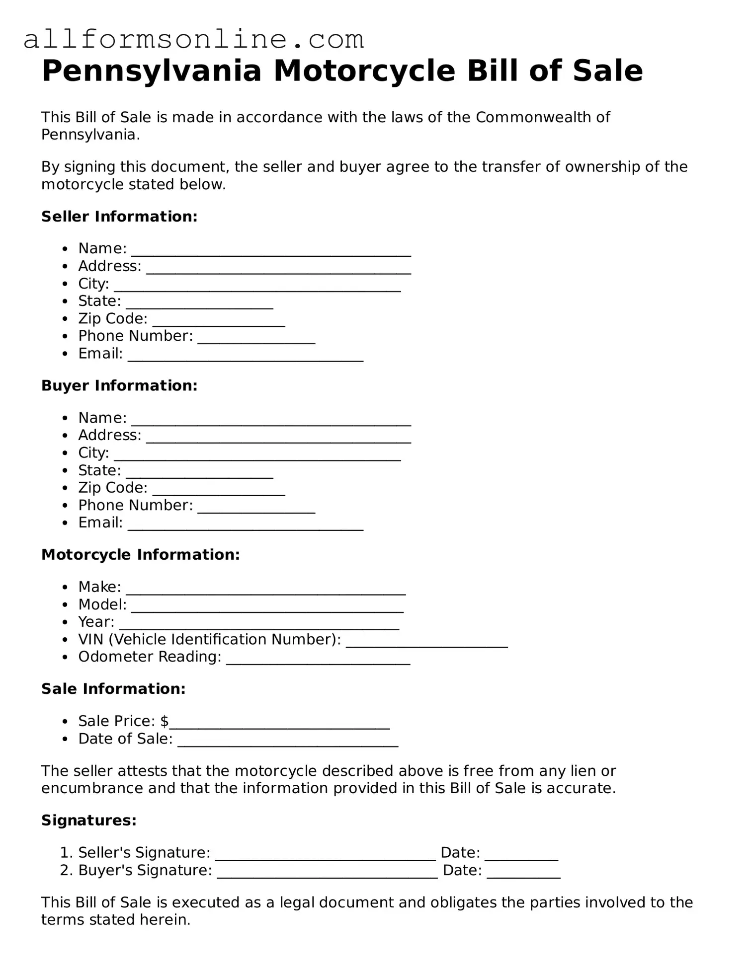 Attorney-Approved  Motorcycle Bill of Sale Form for Pennsylvania