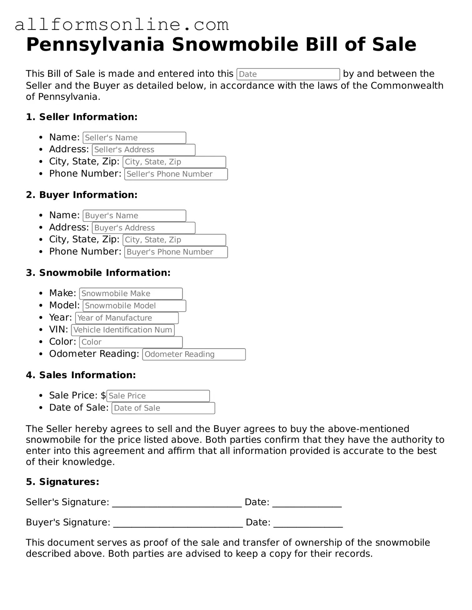 Attorney-Approved  Snowmobile Bill of Sale Form for Pennsylvania