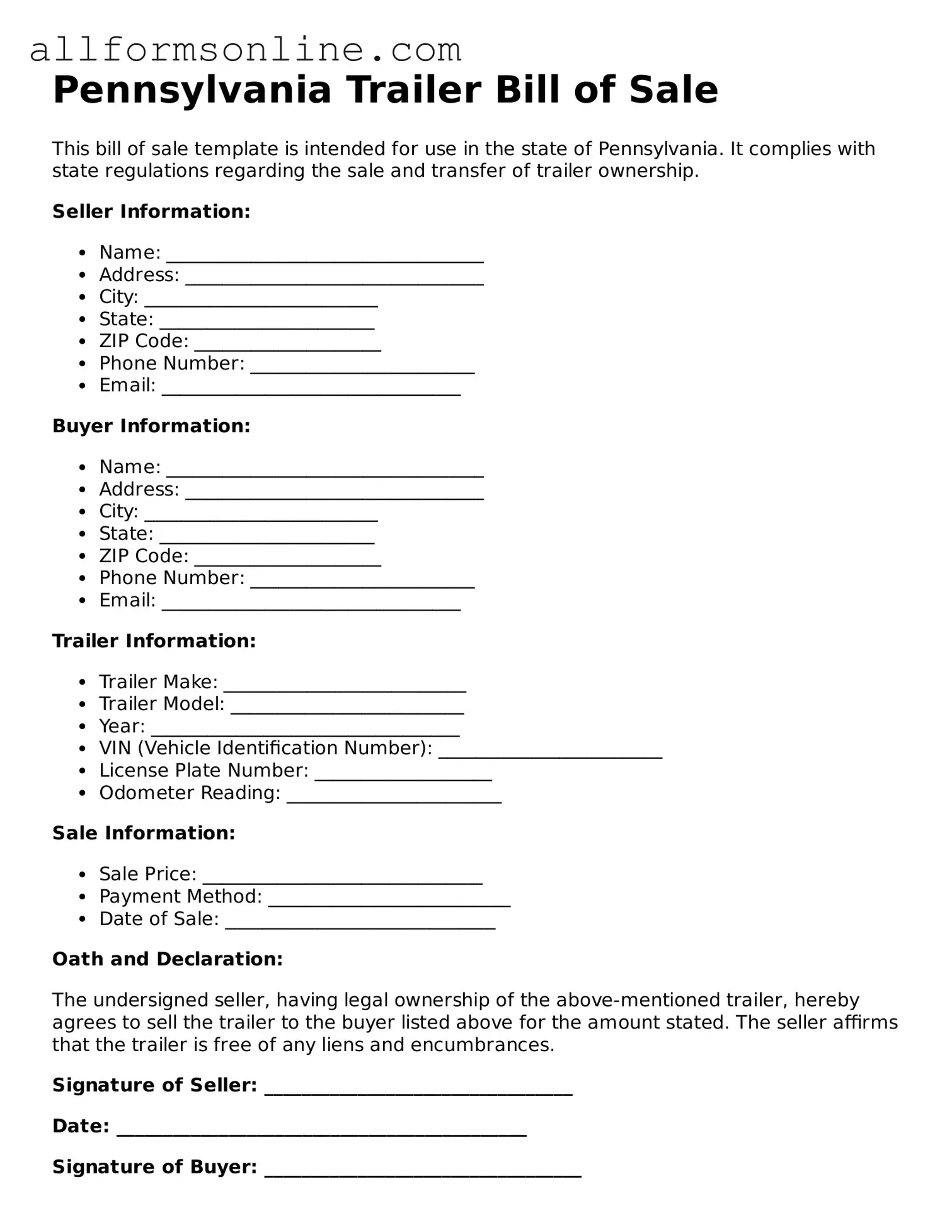 Attorney-Approved  Trailer Bill of Sale Form for Pennsylvania