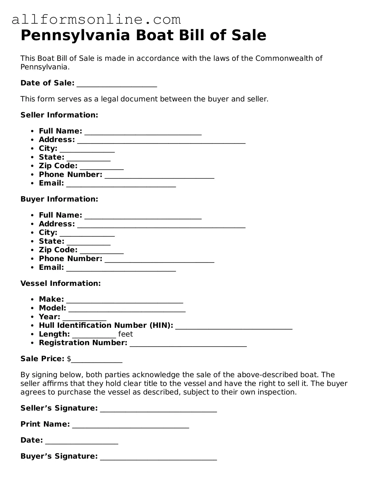 Attorney-Approved  Boat Bill of Sale Form for Pennsylvania