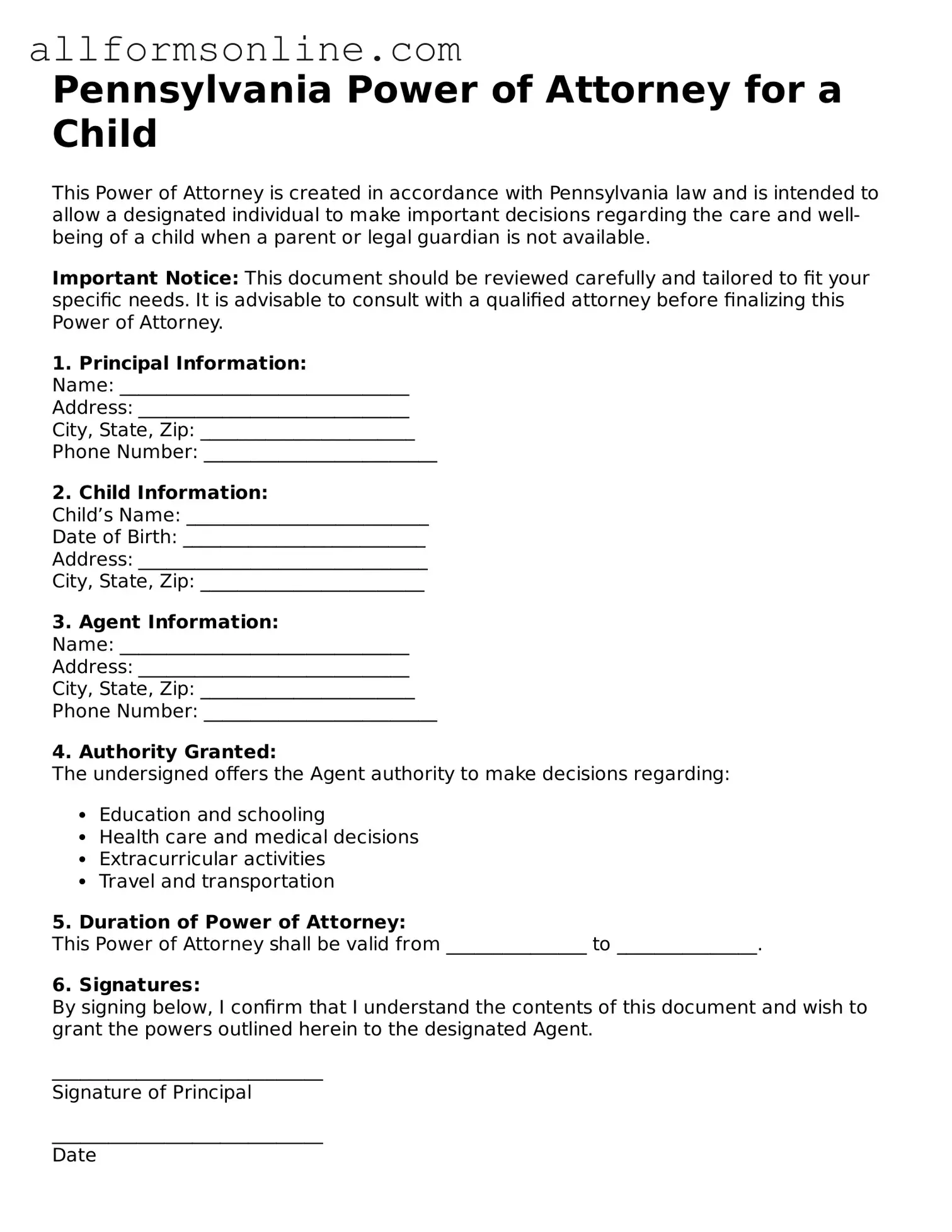 Attorney-Approved  Power of Attorney for a Child Form for Pennsylvania