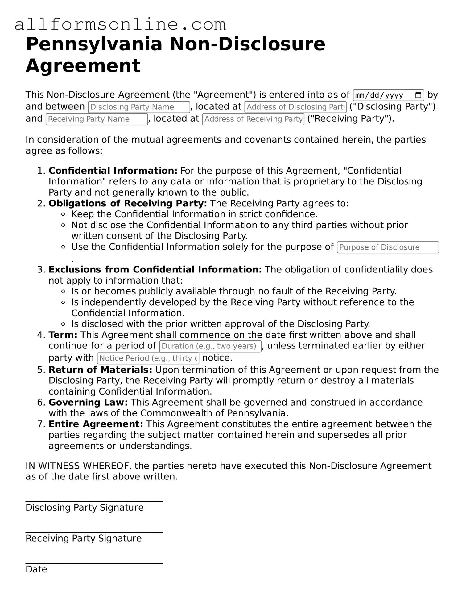 Attorney-Approved  Non-disclosure Agreement Form for Pennsylvania
