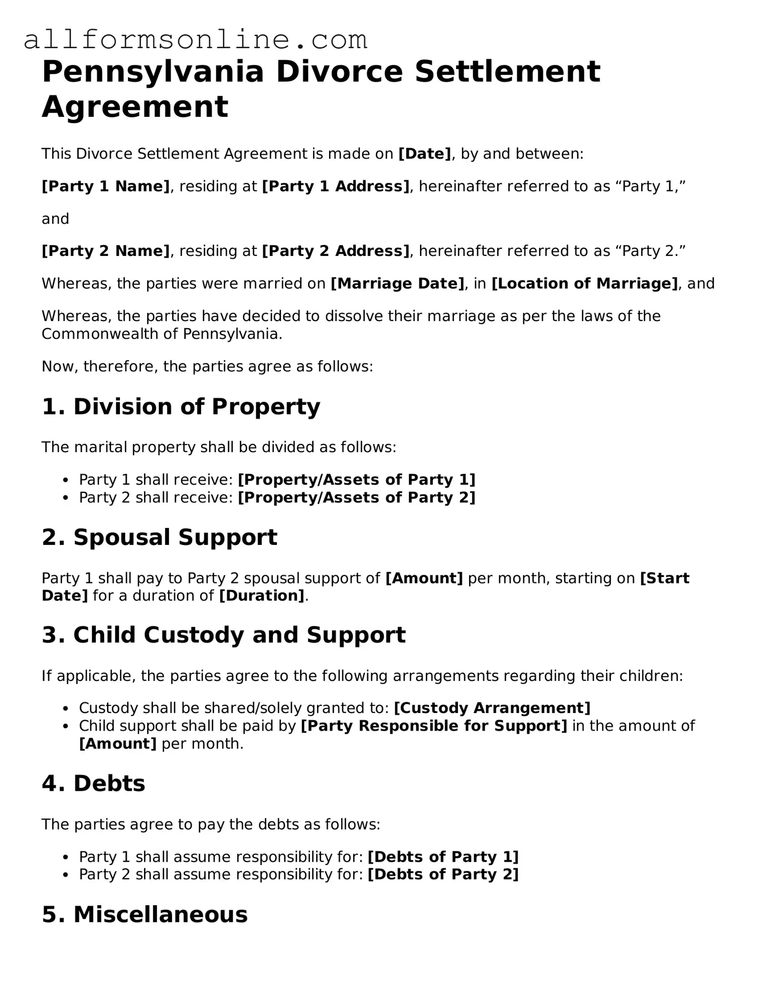 Attorney-Approved  Divorce Settlement Agreement Form for Pennsylvania