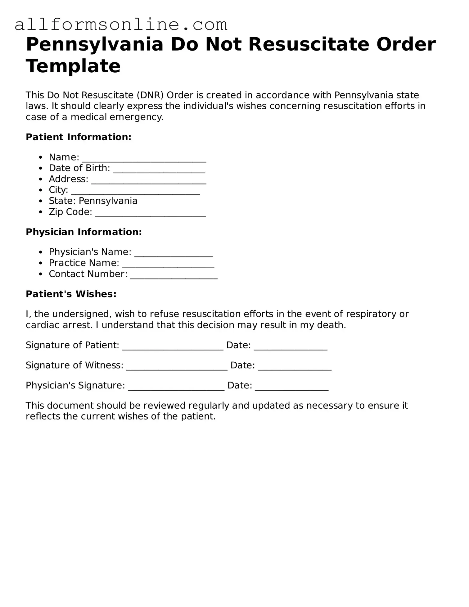 Attorney-Approved  Do Not Resuscitate Order Form for Pennsylvania