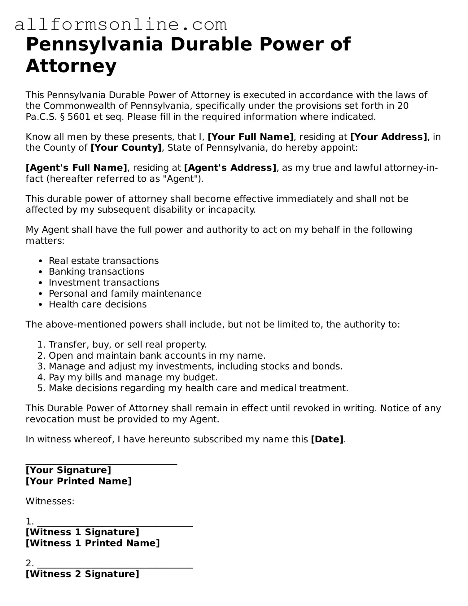 Attorney-Approved  Durable Power of Attorney Form for Pennsylvania