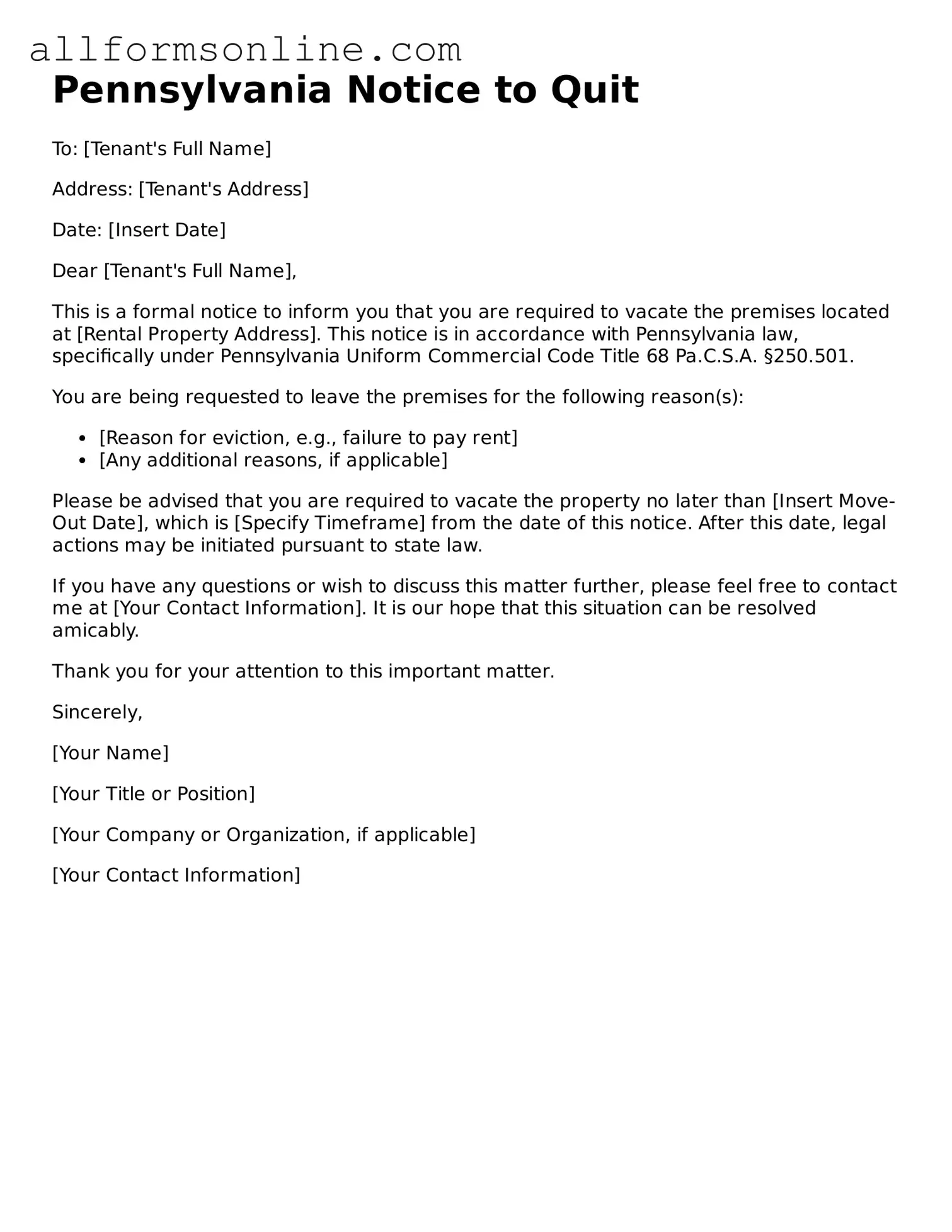 Attorney-Approved  Notice to Quit Form for Pennsylvania