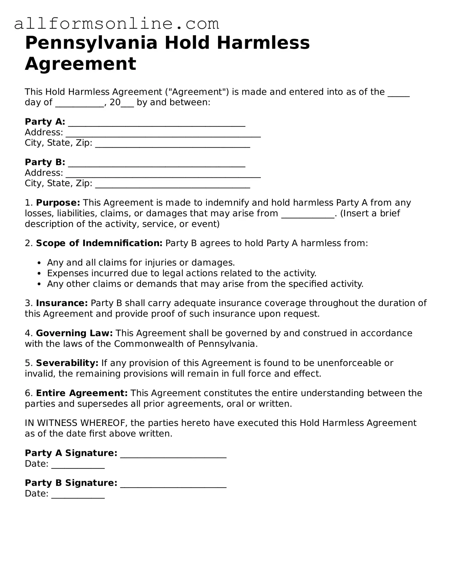 Attorney-Approved  Hold Harmless Agreement Form for Pennsylvania
