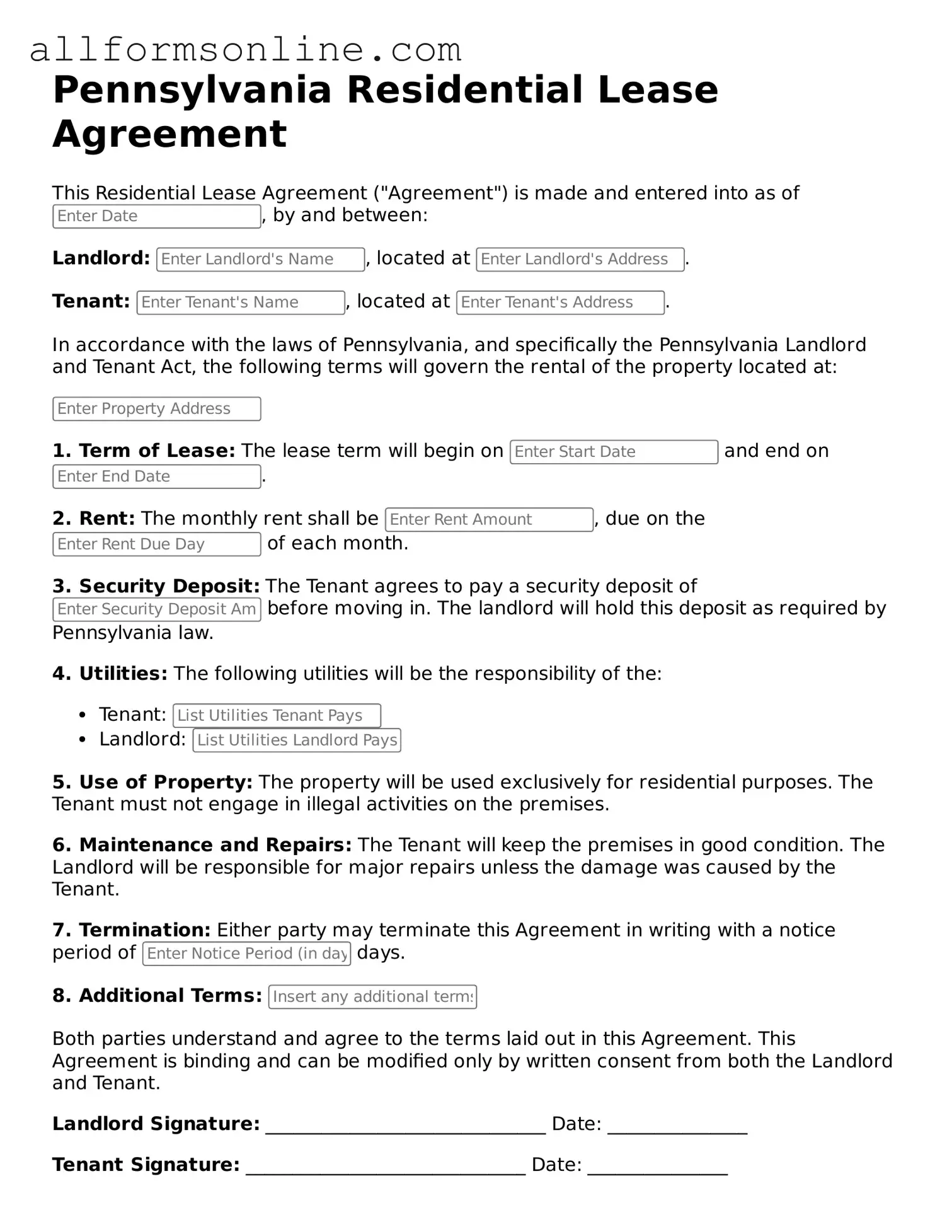 Attorney-Approved  Residential Lease Agreement Form for Pennsylvania