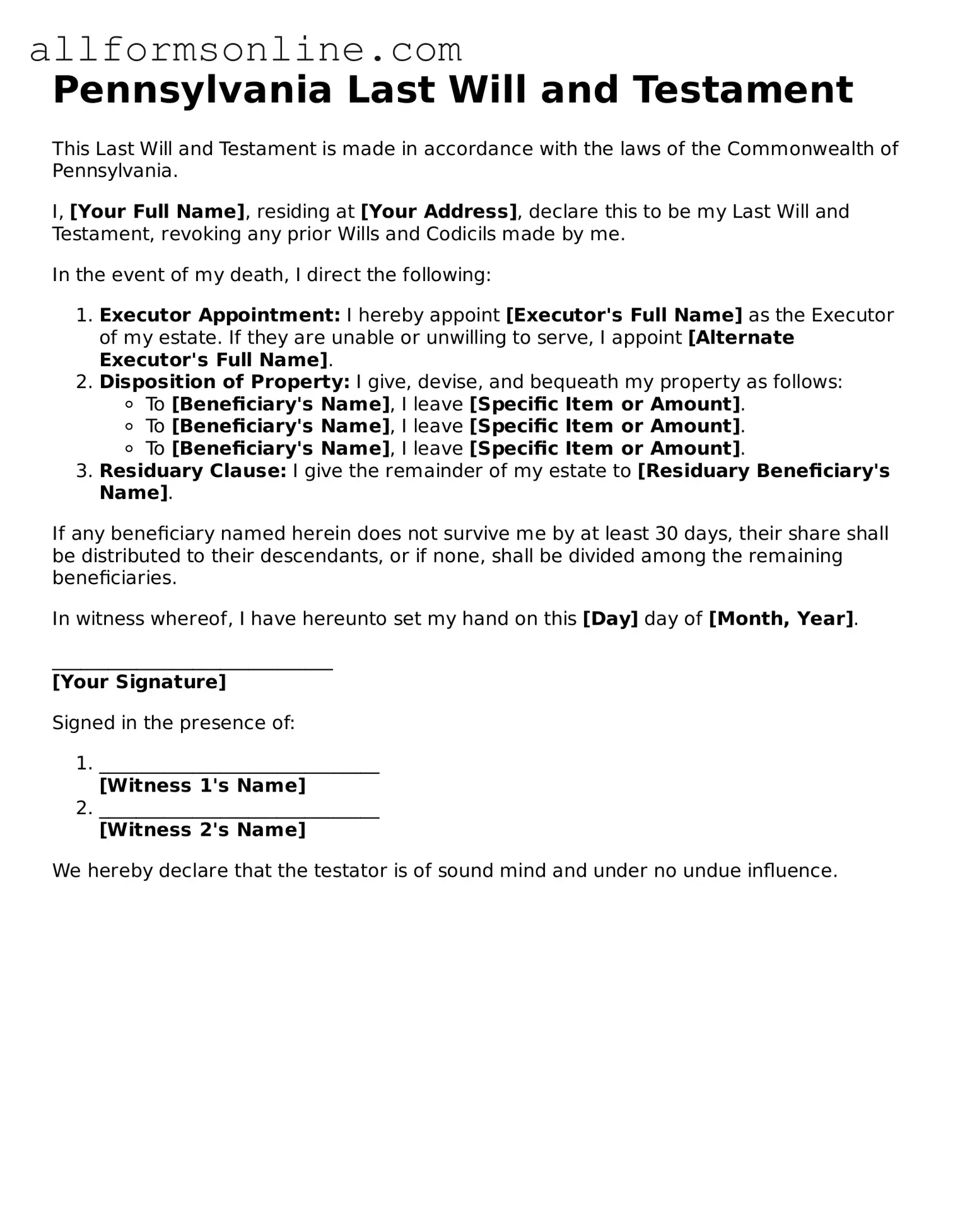 Attorney-Approved  Last Will and Testament Form for Pennsylvania