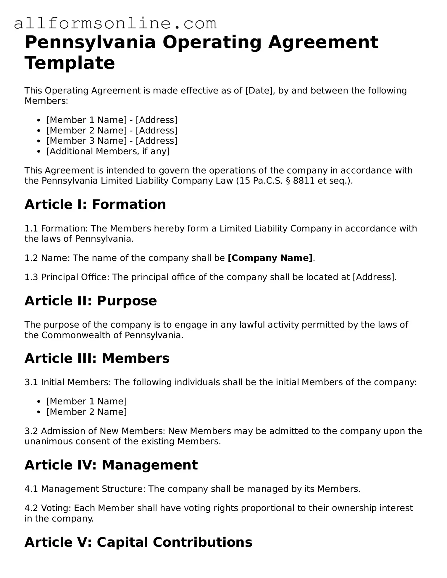 Attorney-Approved  Operating Agreement Form for Pennsylvania