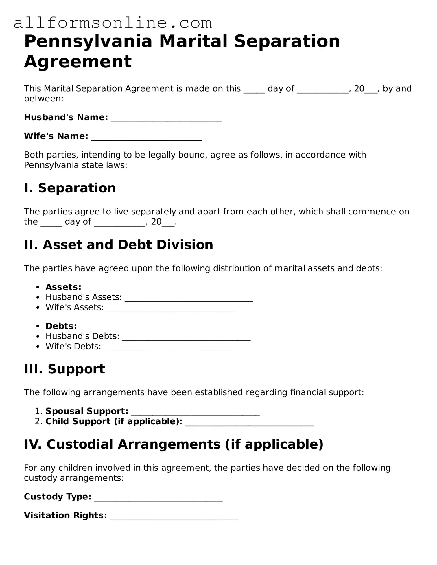 Attorney-Approved  Marital Separation Agreement Form for Pennsylvania