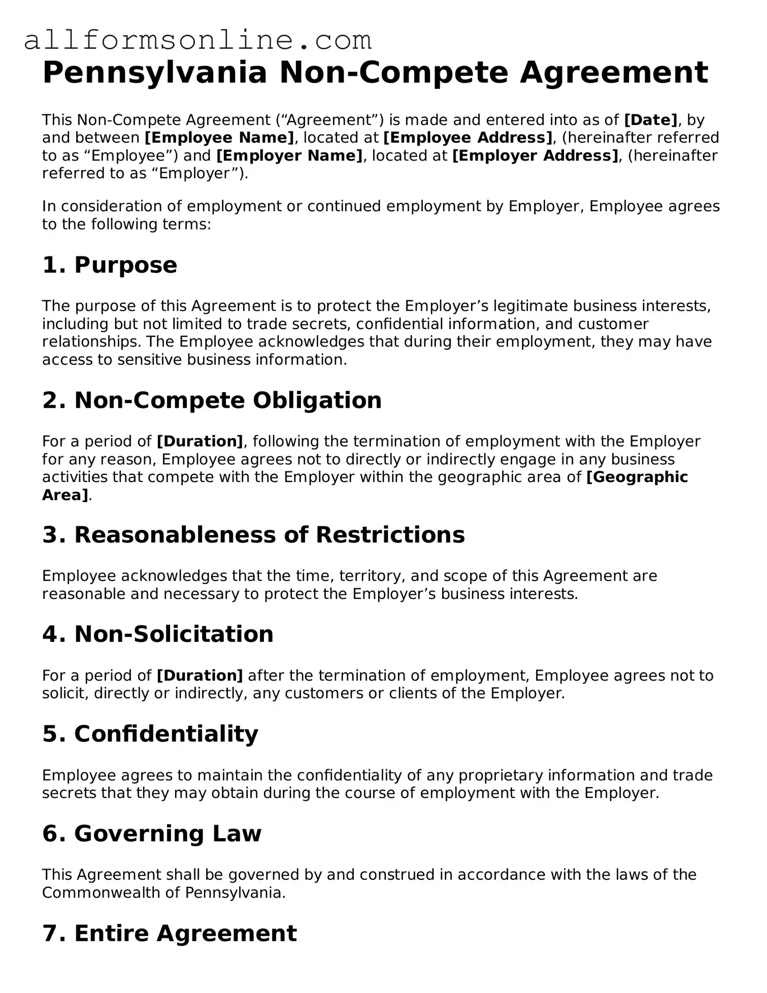 Attorney-Approved  Non-compete Agreement Form for Pennsylvania