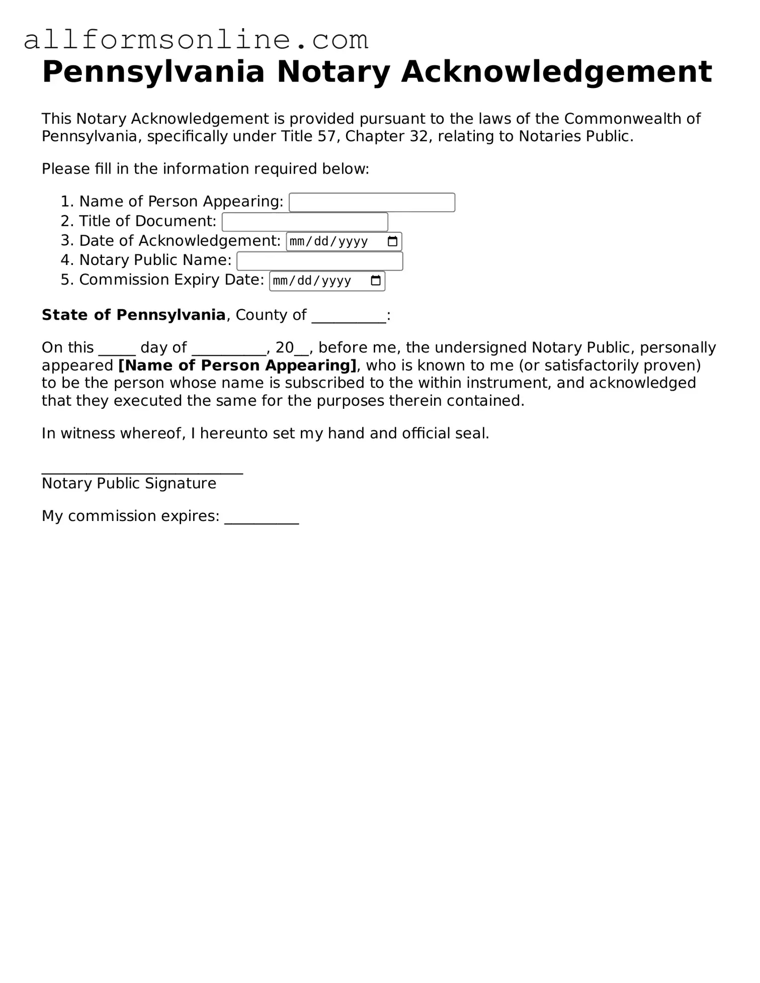 Attorney-Approved  Notary Acknowledgement Form for Pennsylvania
