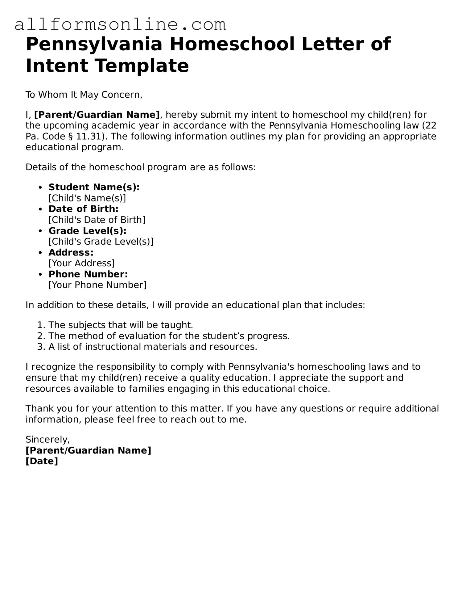 Attorney-Approved Homeschool Letter of Intent Form for Pennsylvania
