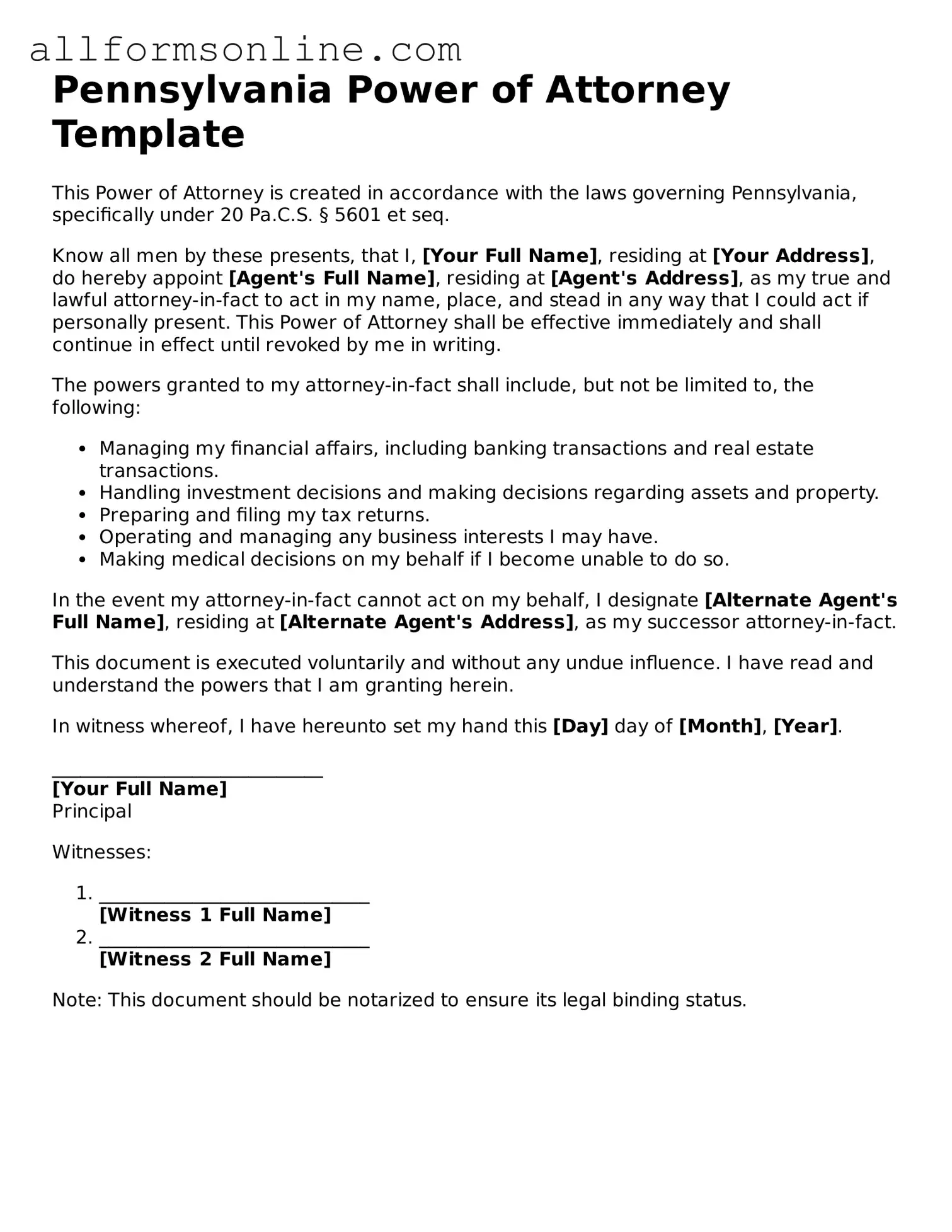 Attorney-Approved  Power of Attorney Form for Pennsylvania