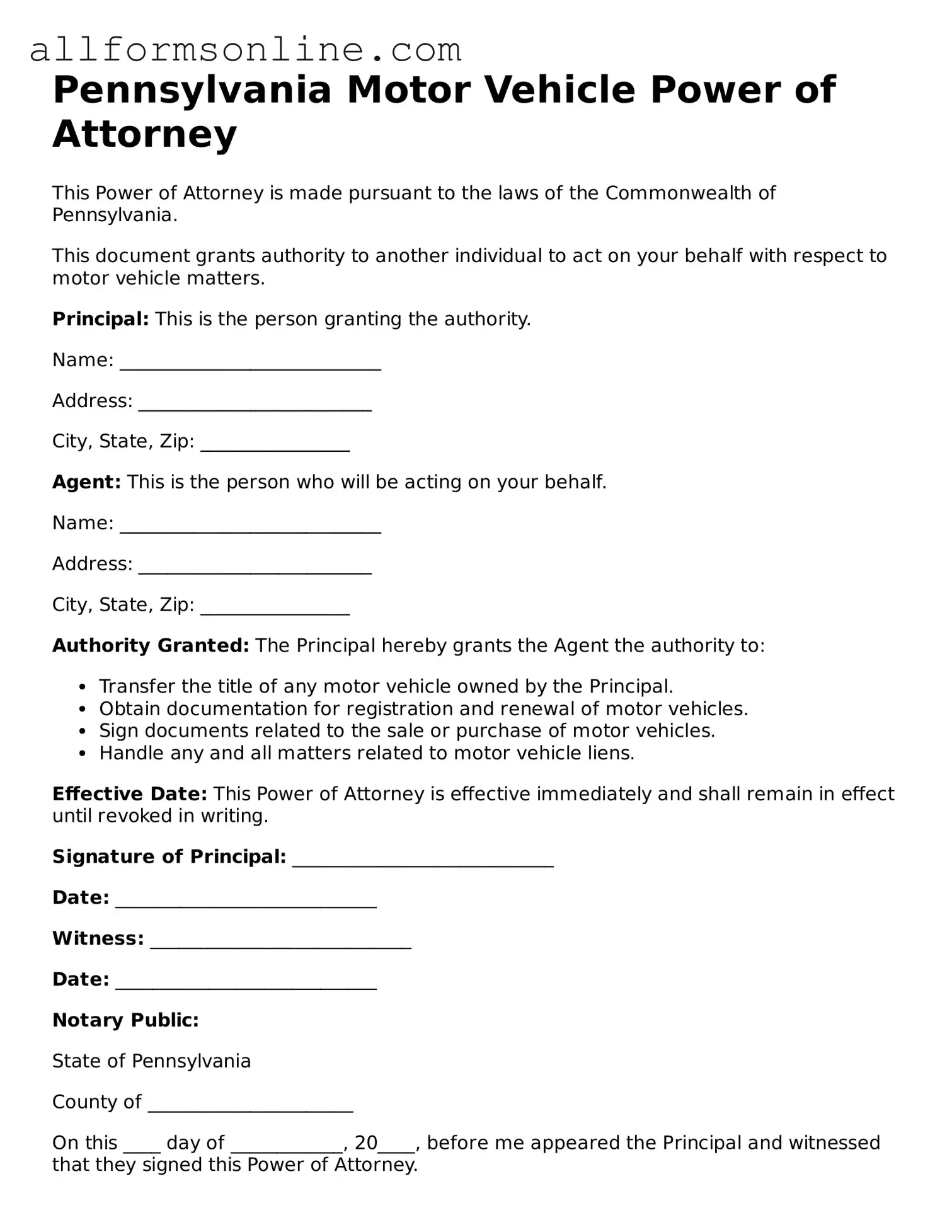 Attorney-Approved  Motor Vehicle Power of Attorney Form for Pennsylvania