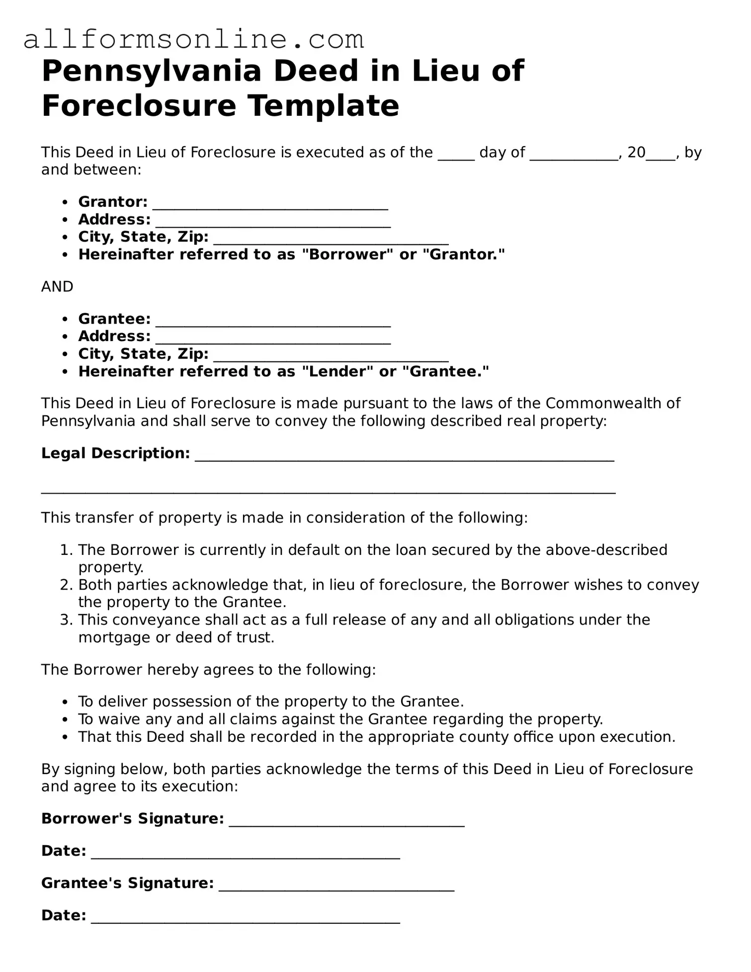 Attorney-Approved  Deed in Lieu of Foreclosure Form for Pennsylvania