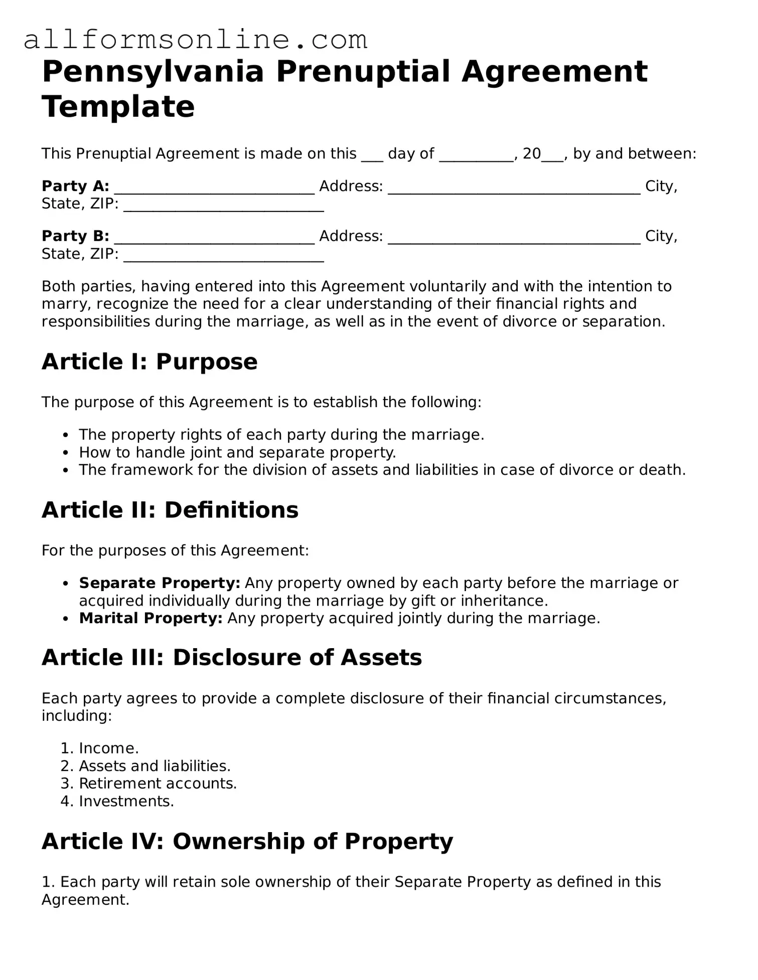 Attorney-Approved  Prenuptial Agreement Form for Pennsylvania