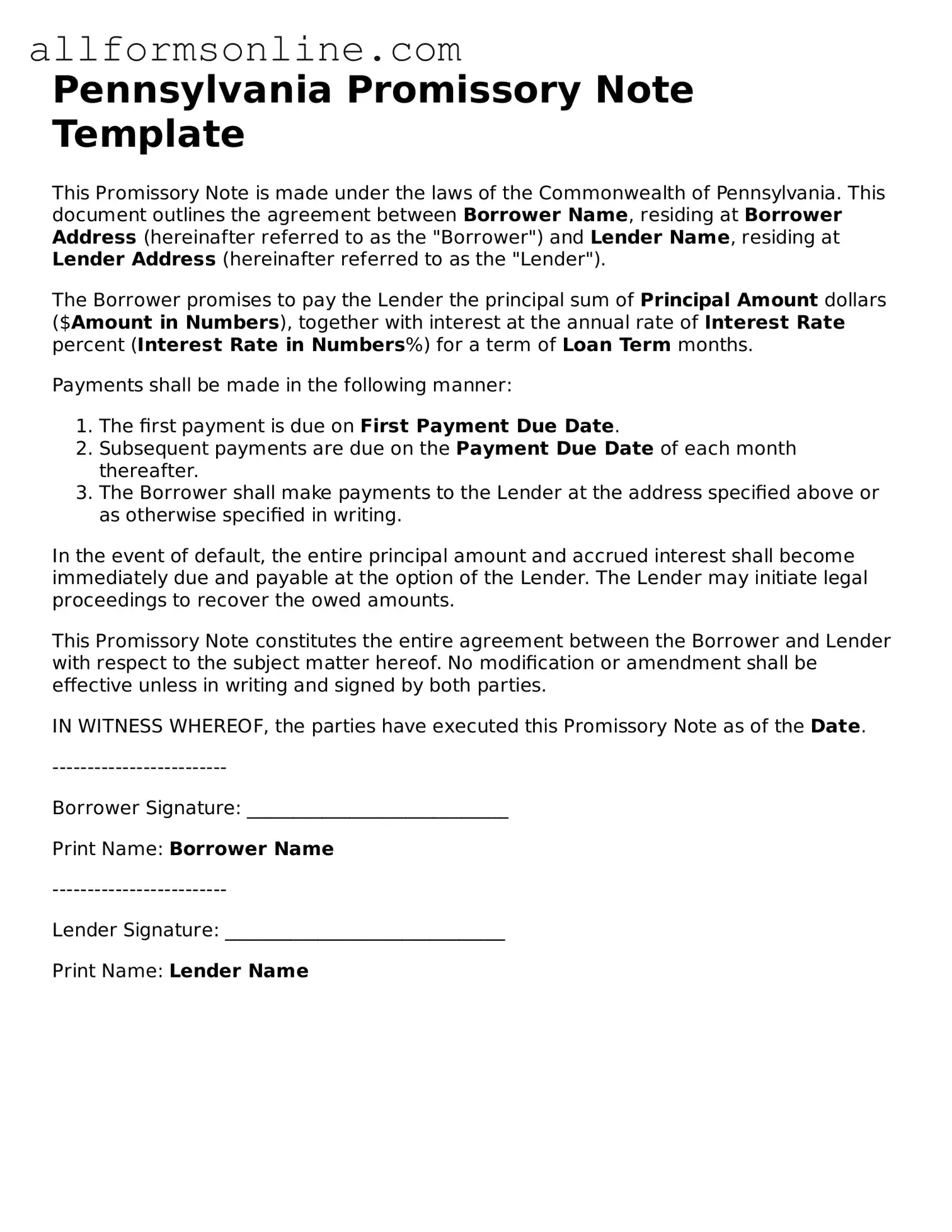Attorney-Approved  Promissory Note Form for Pennsylvania
