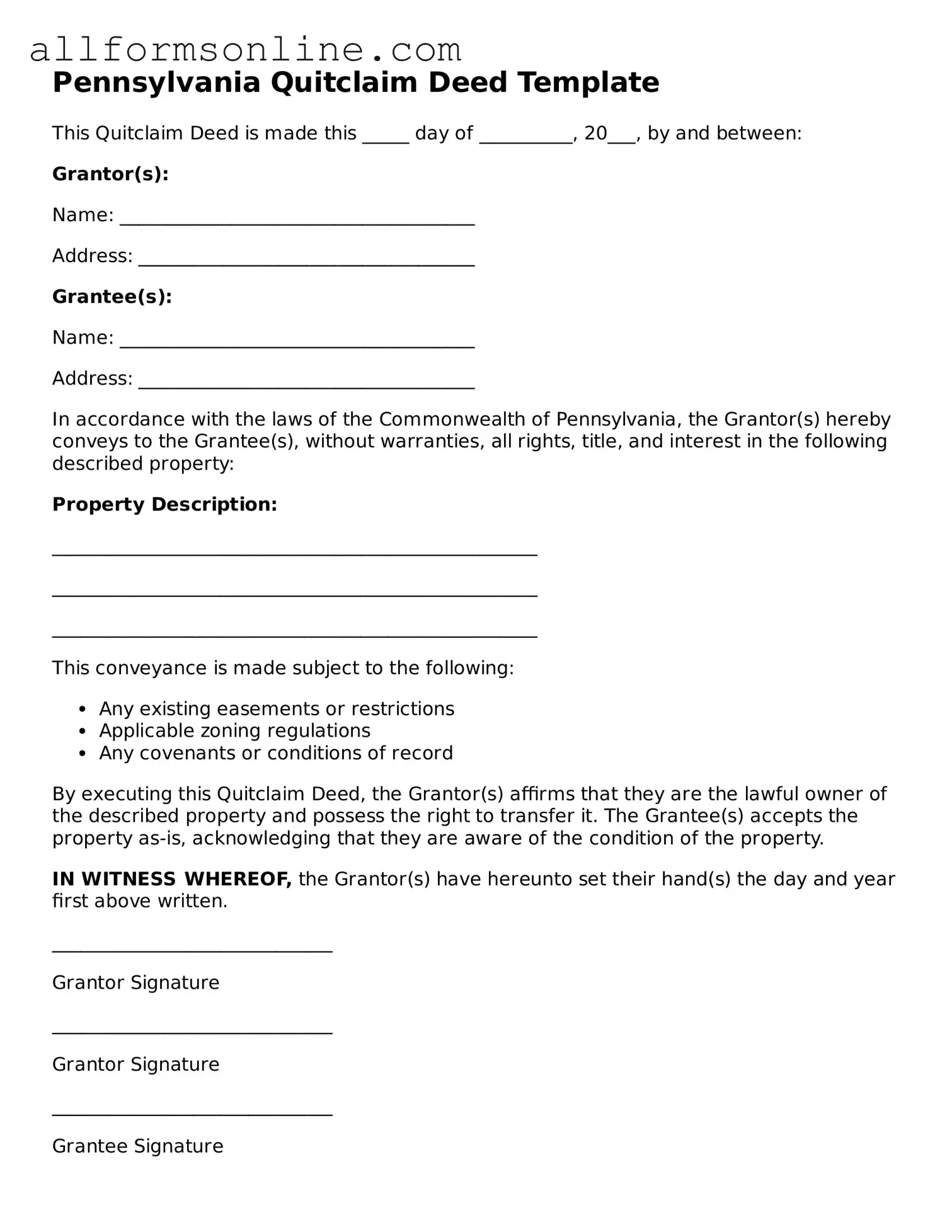 Attorney-Approved  Quitclaim Deed Form for Pennsylvania