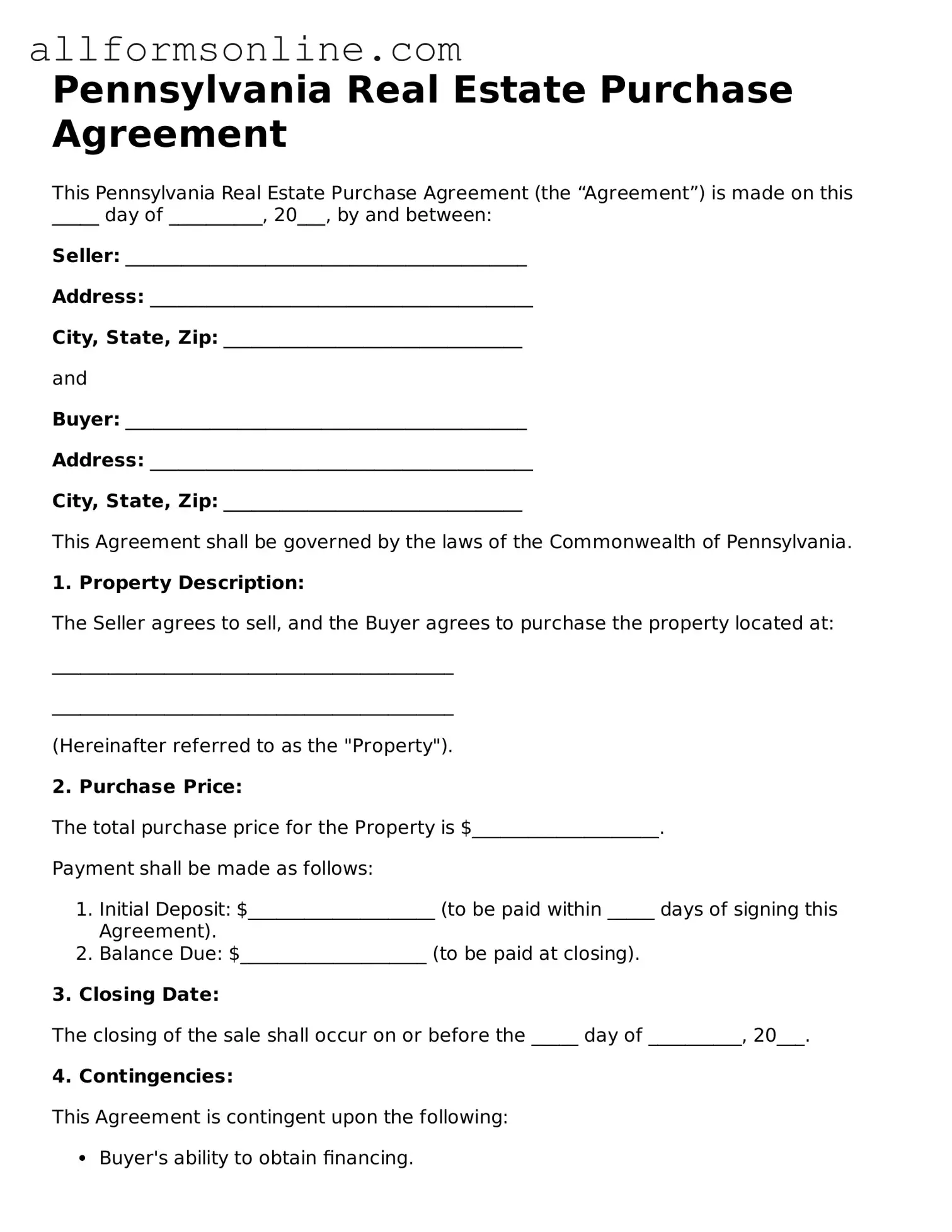 Attorney-Approved  Real Estate Purchase Agreement Form for Pennsylvania