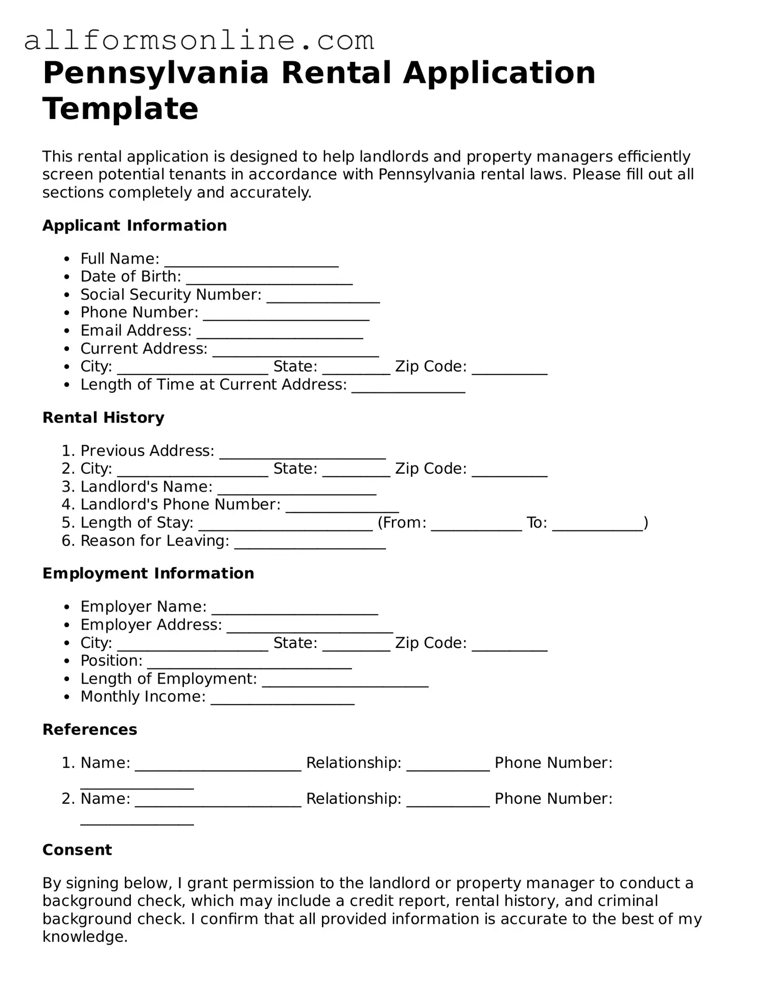 Attorney-Approved  Rental Application Form for Pennsylvania